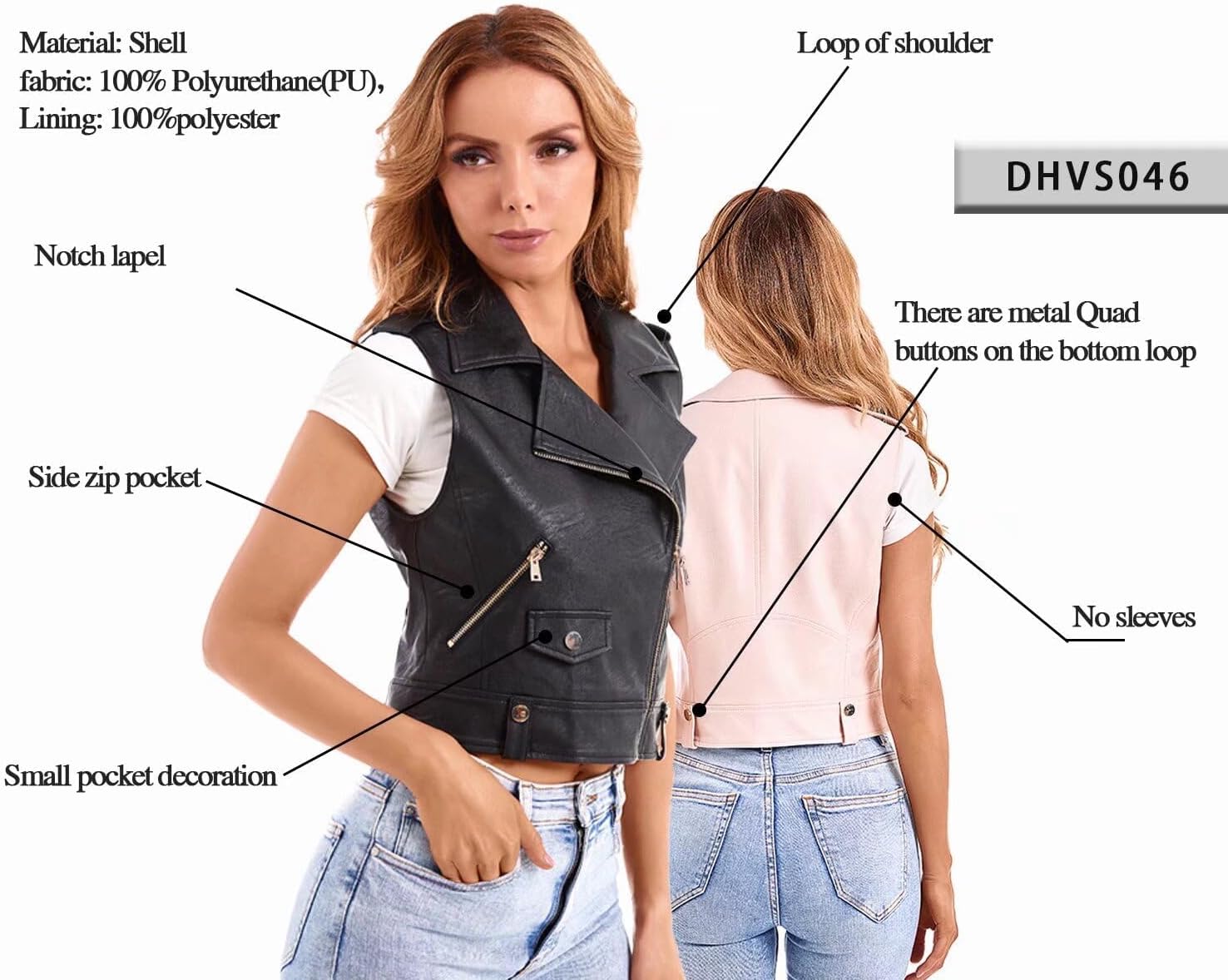 Detalle de DIASHINY faux leather moto waistcoat for women with lapel and zip pockets