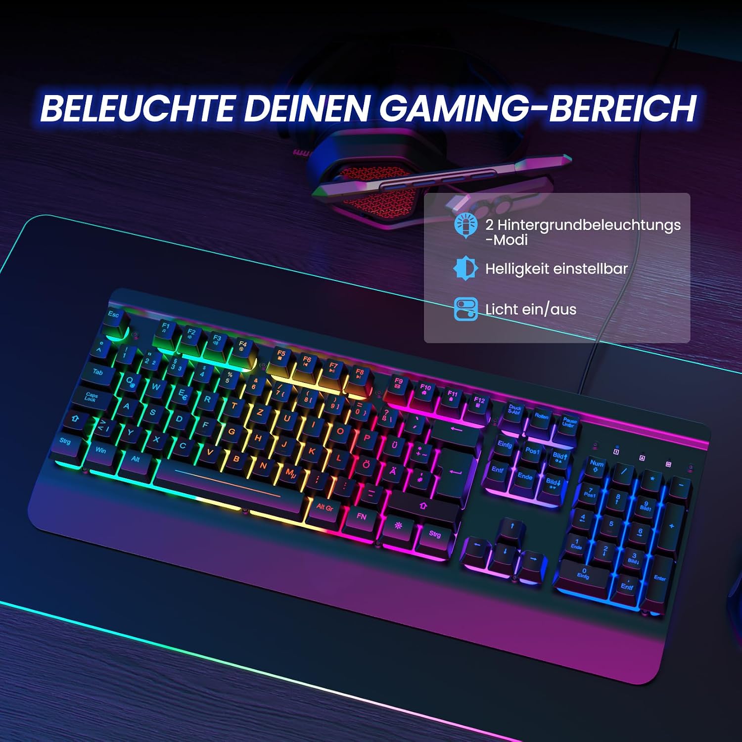 Detalle 2 de RisoPhy Gaming Tastatur, QWERTZ, Vollmetallgehäuse – beleuchtet, leise, mit Handballenauflage