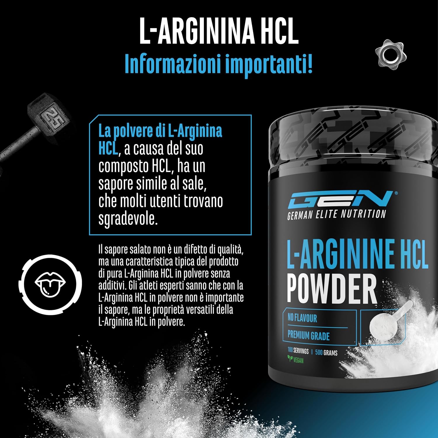 Thumbnail 1 de GEN German Elite Nutrition L-Arginina HCL 500 g in polvere (L-arginina cloridrato, vegana)