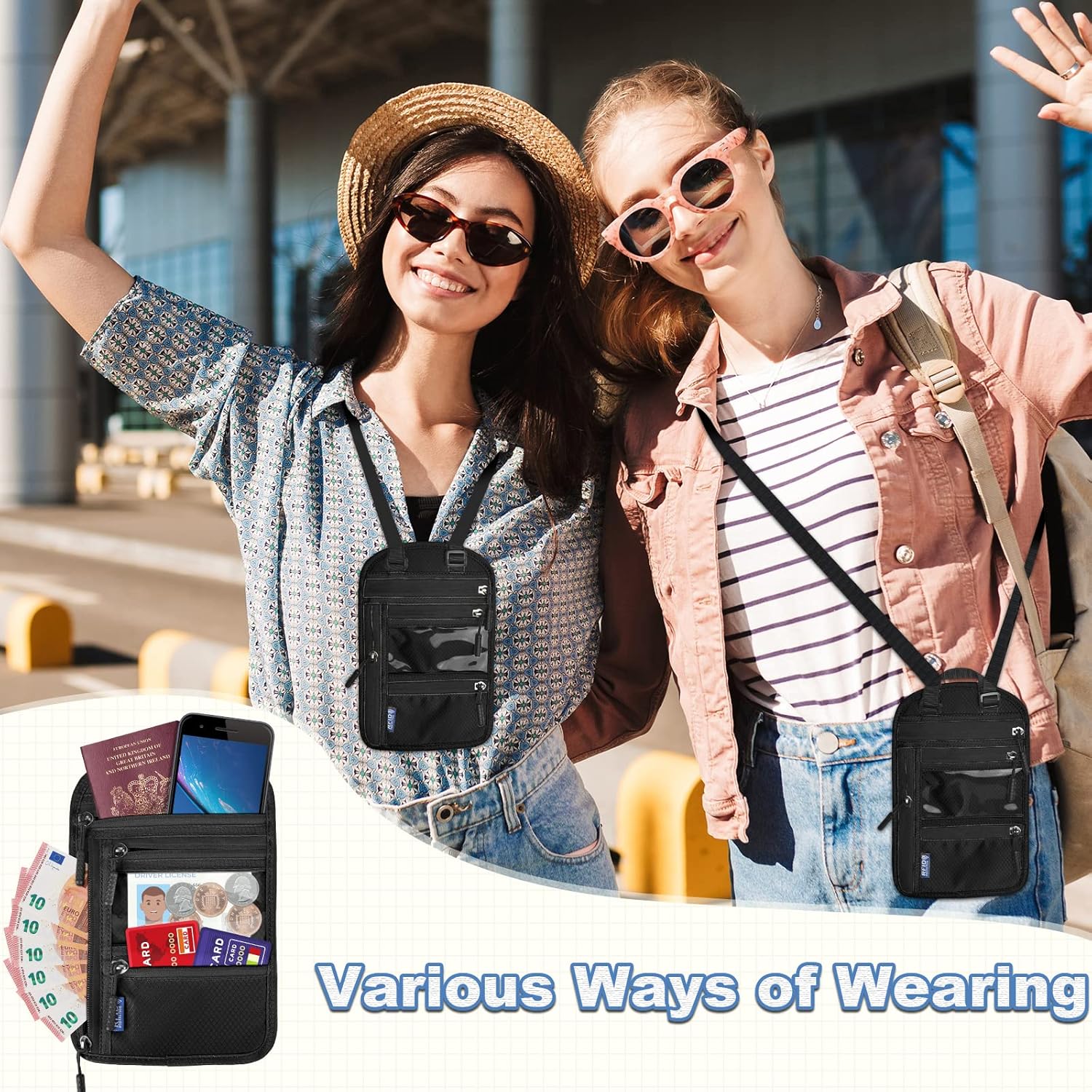 Thumbnail 5 de Yordawn Brustbeutel / Brusttasche mit RFID-Schutz und verstellbarem Halsriemen (Dunkelschwarz) – wasserdichter Reisegeldbeutel