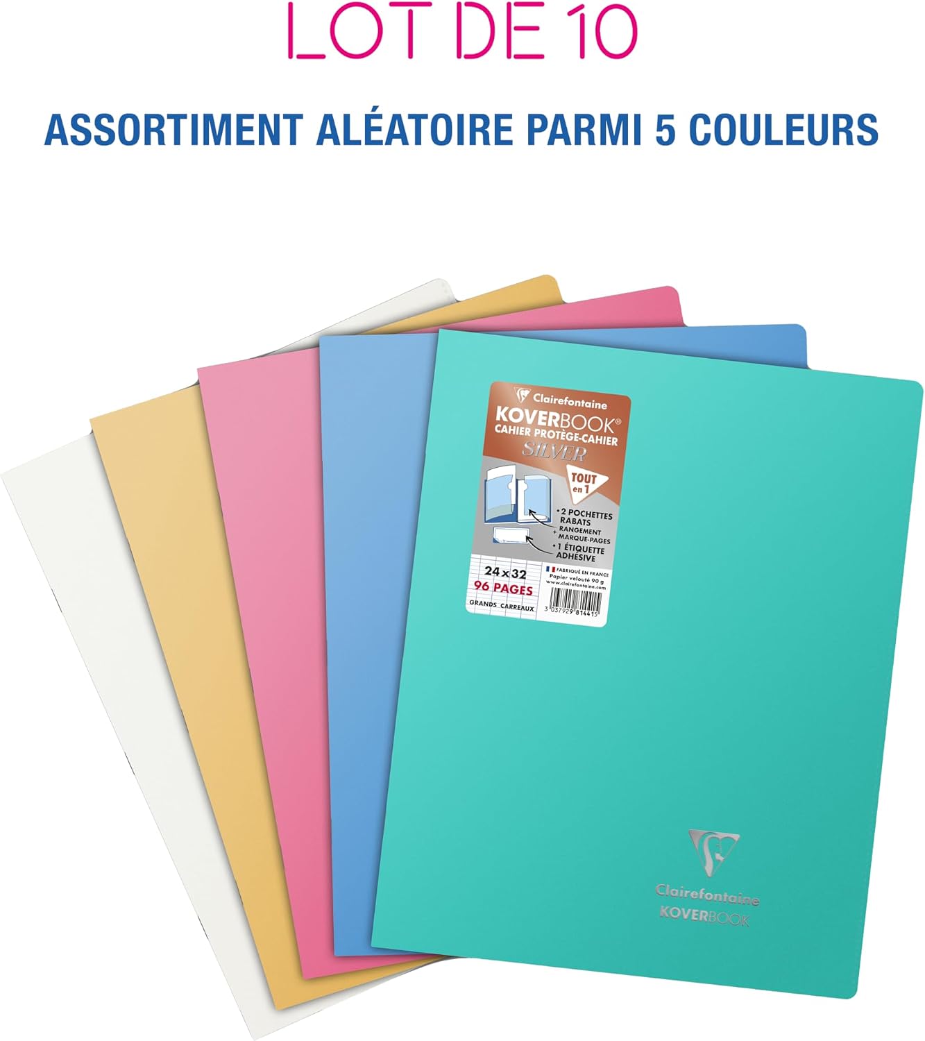 Detalle de Clairefontaine 981441C Lot de 10 Cahiers Agrafés Koverbook Silver - 24x32 cm, 96 Pages