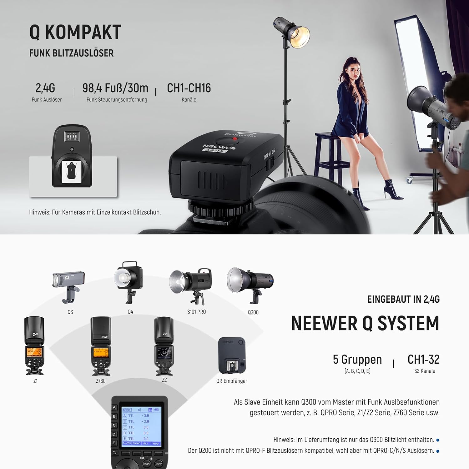 Detalle de NEEWER Q300 300Ws 2,4G Outdoor Studioblitz mit Q-Komakt Funkauslöser (Q-System) und 7800mAh Akku