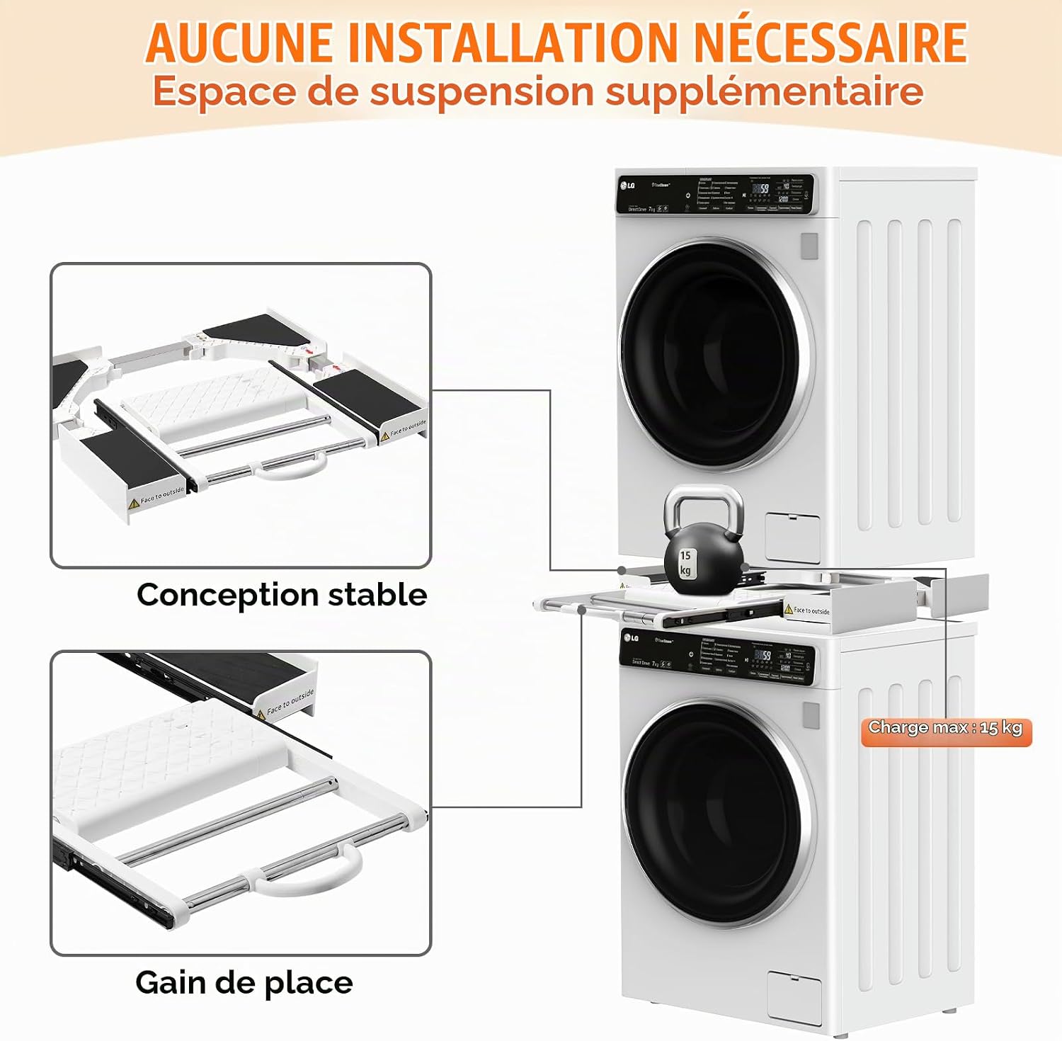 Detalle de MISTRO Kit de Superposition Universel Réglable 42–73 cm avec Tablette et Barre Porte-serviettes – 12 kg