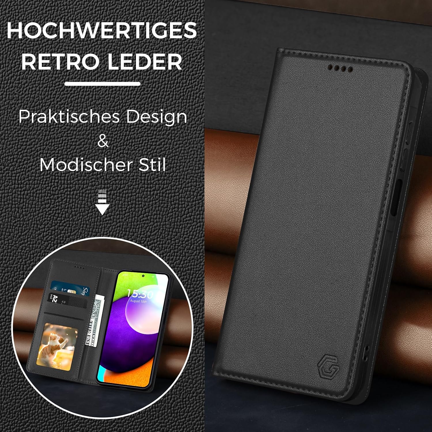 Detalle 2 de Kirnntca Flip Case für Samsung Galaxy A52 5G/4G A52S 5G – PU-Leder Klapphülle mit Kartenfach & Standfunktion, Schwarz