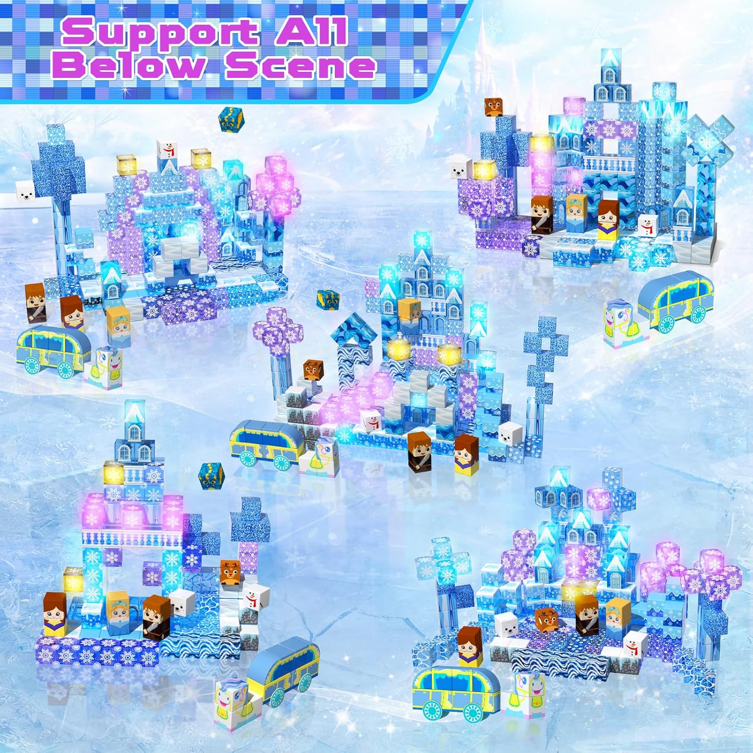 Thumbnail 3 de 200 PCS Magnetic Blocks with Light Up & Transparent Cubes for Blue Snow Princess Castle