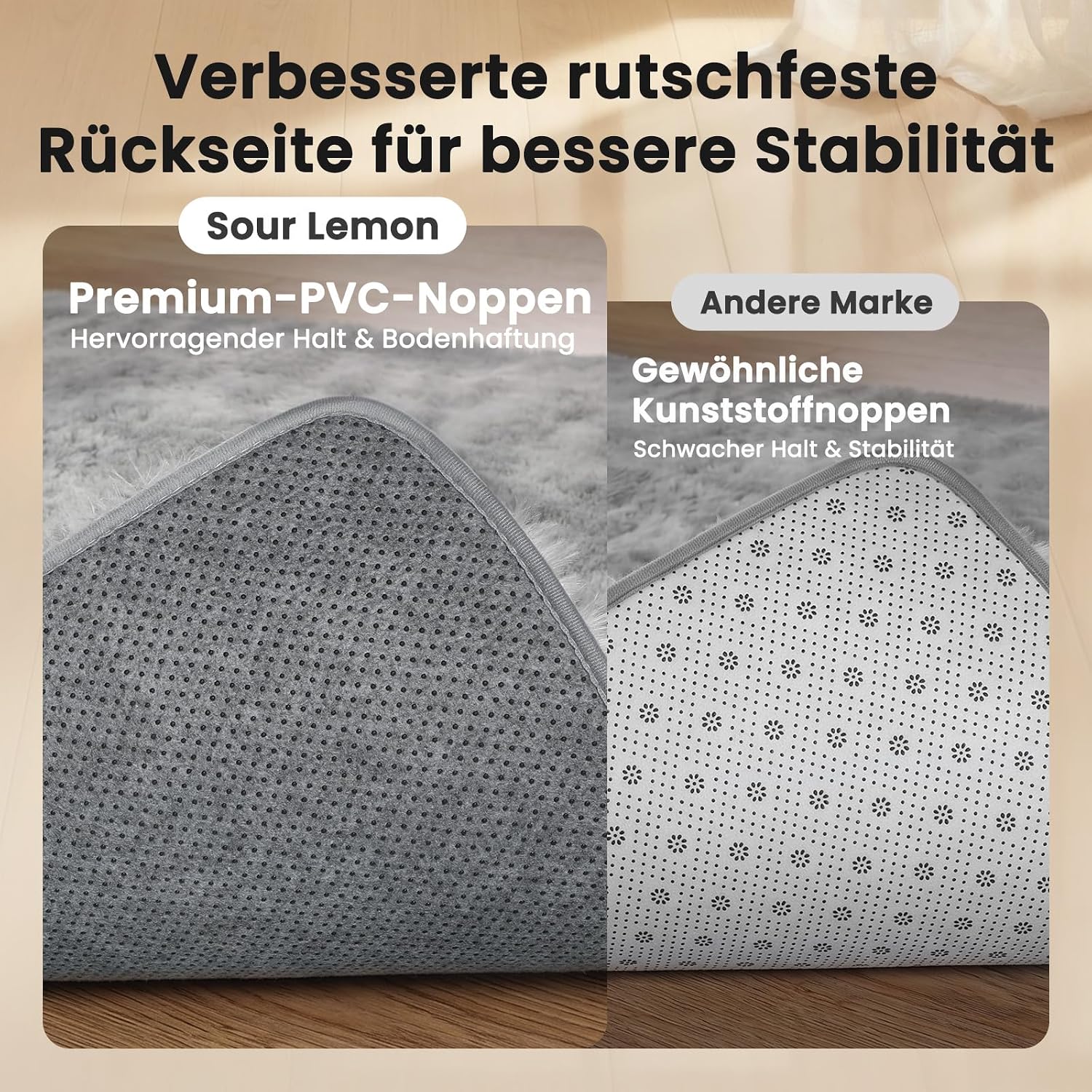 Detalle de Sour Lemon Hochflor Teppich in Grau (240 x 340 cm) – waschbar, rutschhemmend, extra groß für Wohnzimmer & Schlafzimmer