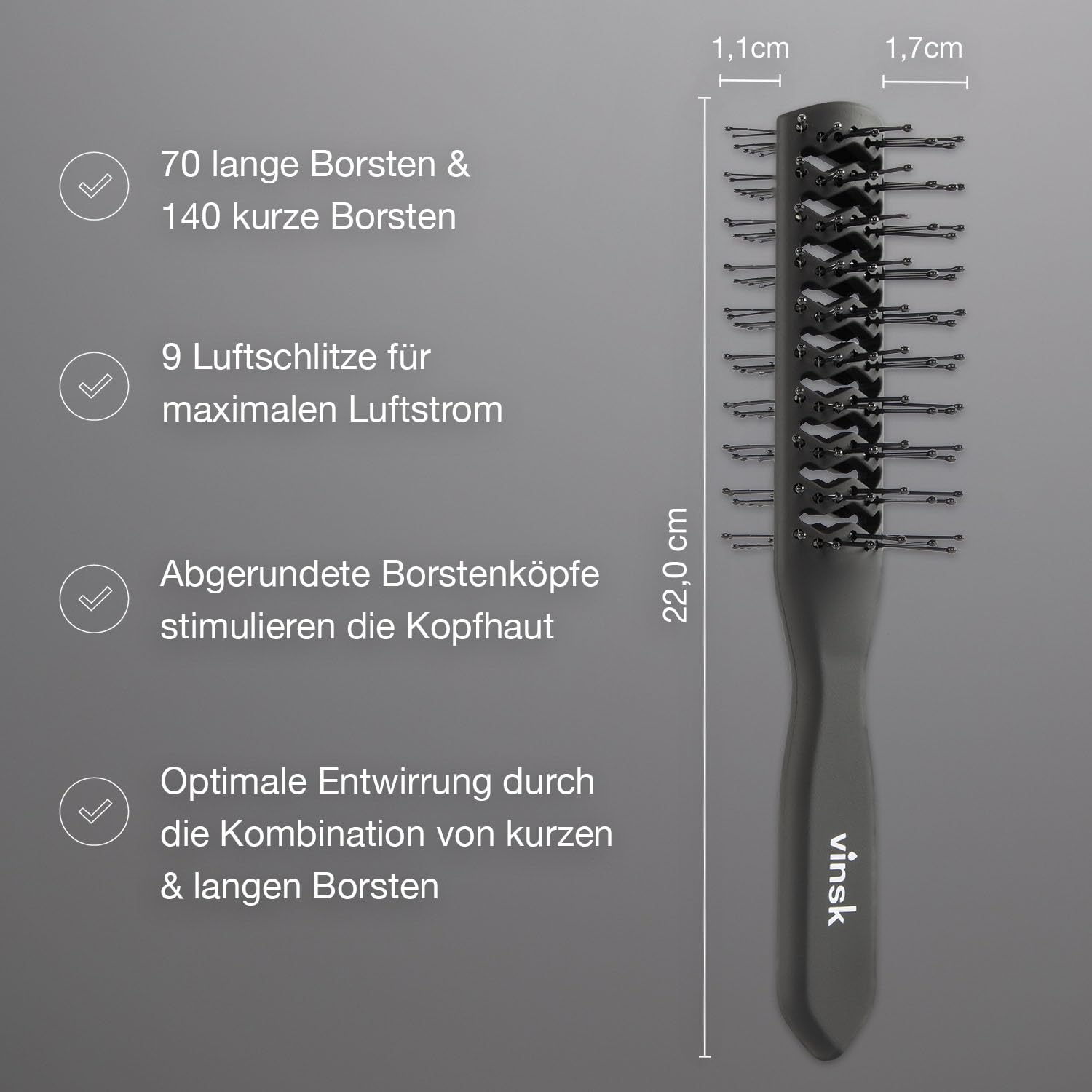 Detalle de vinsk® Föhnbürste Doppelseitig – Skeletbürste mit Soft-Touch-Griff