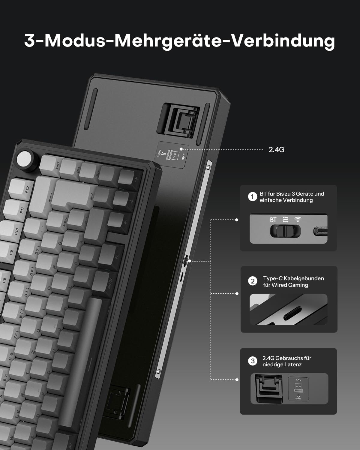 Thumbnail 4 de OMOTON 75% Mechanische Gaming Tastatur Kabellos mit QWERTZ ISO, Hot-Swap, QMK VIA, 4000mAh Akku – MK212