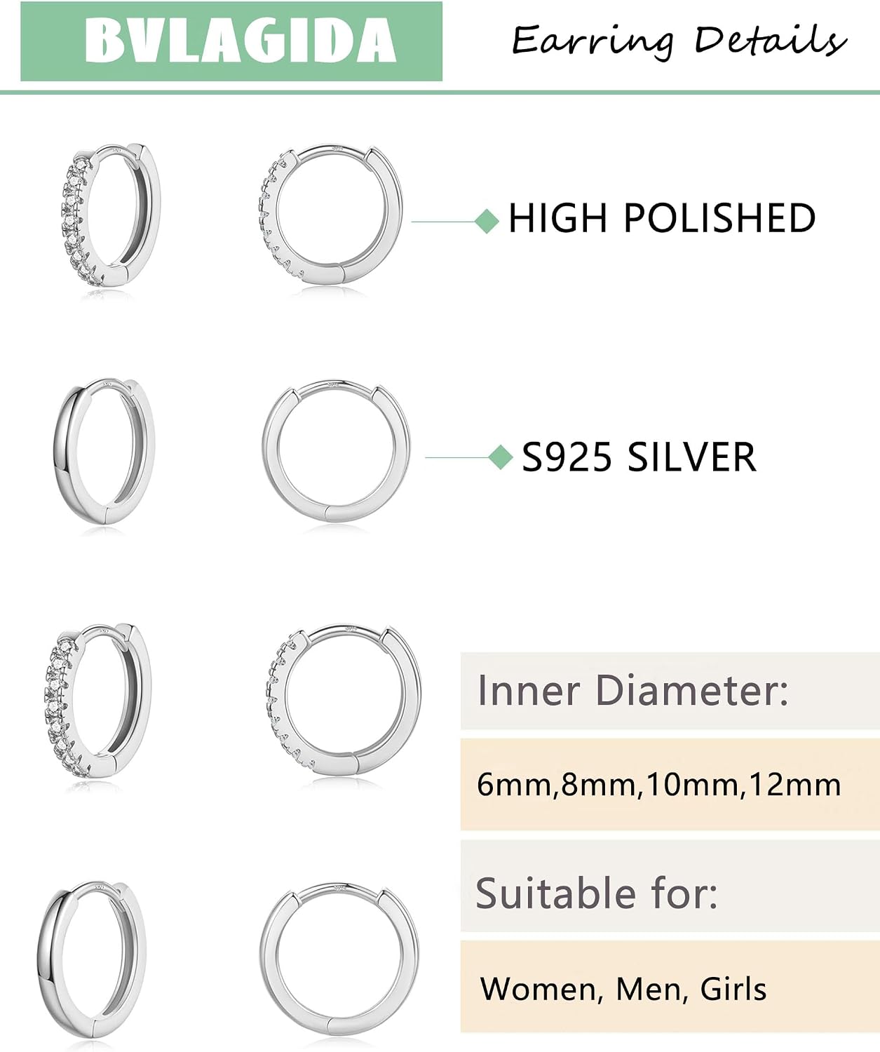 Detalle 2 de BVLAGIDA 4 paires de créoles en argent 925 (argent/or) — hypoallergéniques pour plusieurs piercings