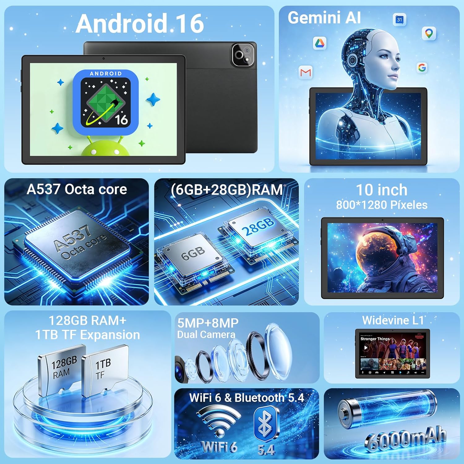 Detalle de MUISOO Tablet Android 16 (10.1"): Octa-Core Power, 34GB RAM + 128GB + 1TB Expandable, Gemini AI & All-in-One Kit