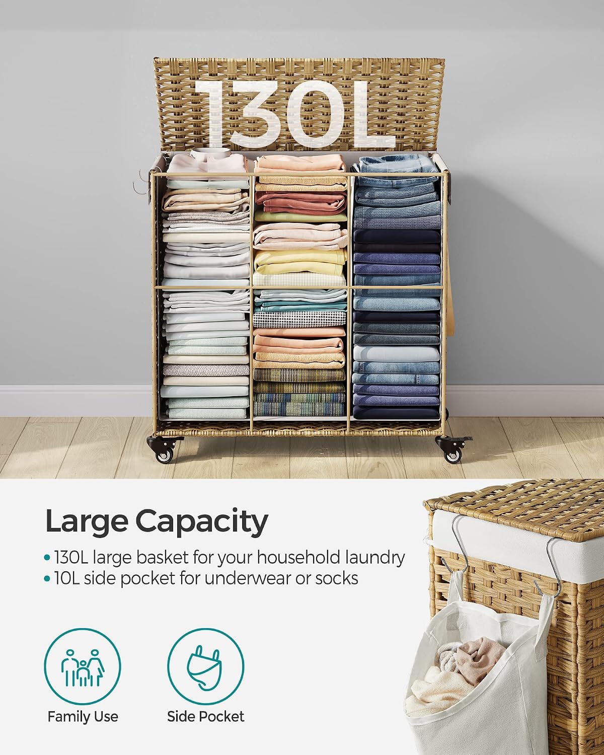 Detalle 2 de SONGMICS LCB363N01 140 L Laundry Basket with Lid, 3 Compartments & Wheels