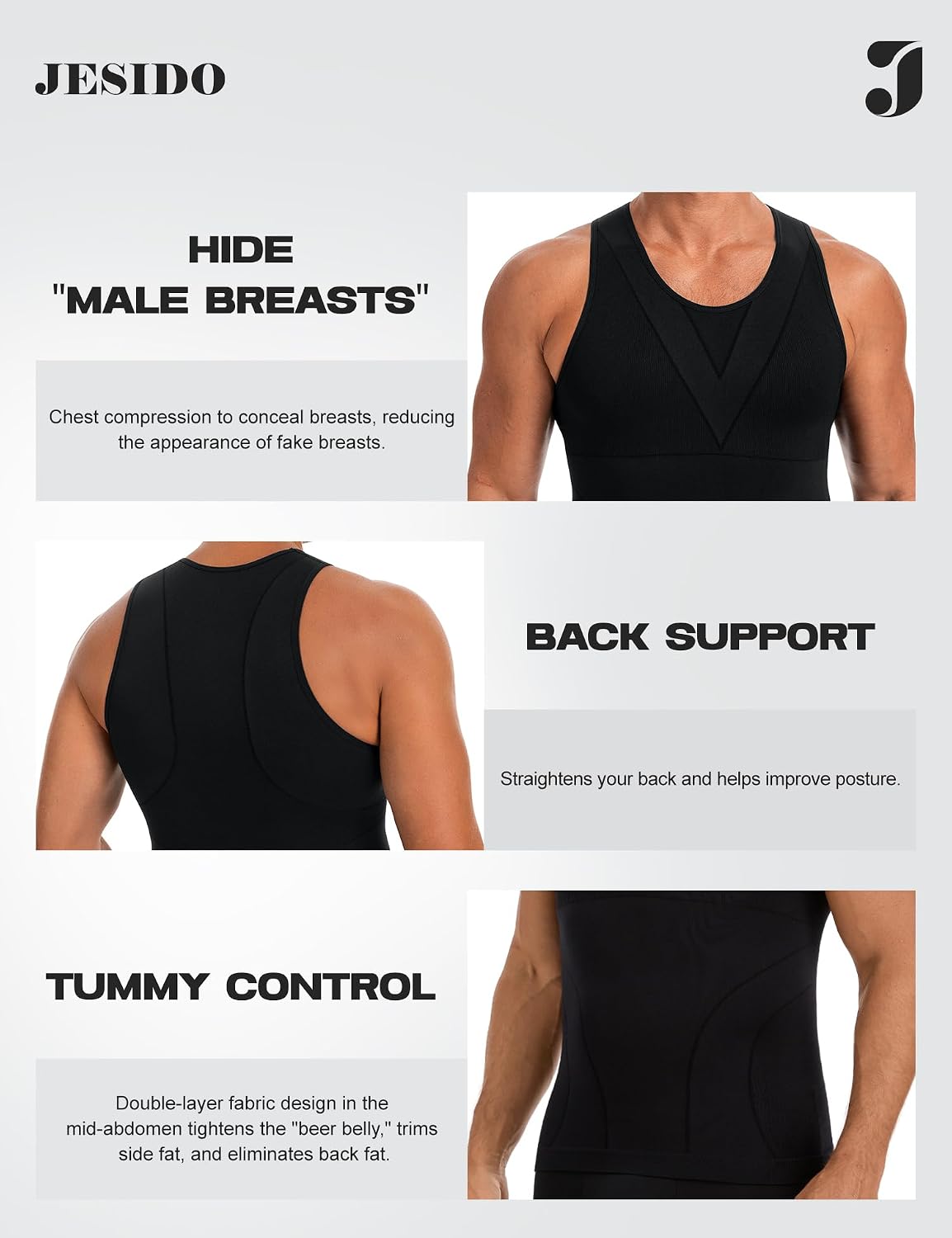 Detalle 2 de JESIDO 3-Pack Men's Compression Tank Tops, 92% Polyamide, Sweat-Wicking