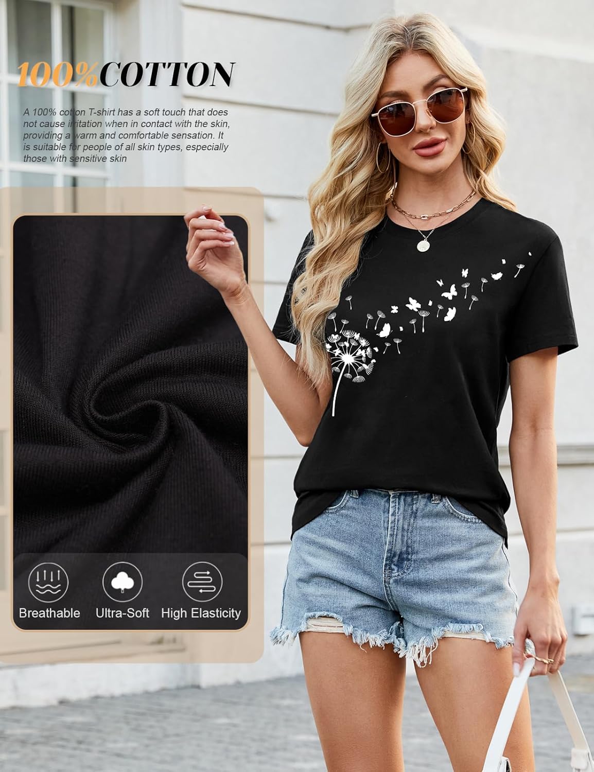 Thumbnail 3 de TomEek T Shirt Donna Cotone Nera a Collo Tondo, Maniche Corte con Stampa — Comfort e Versatilità