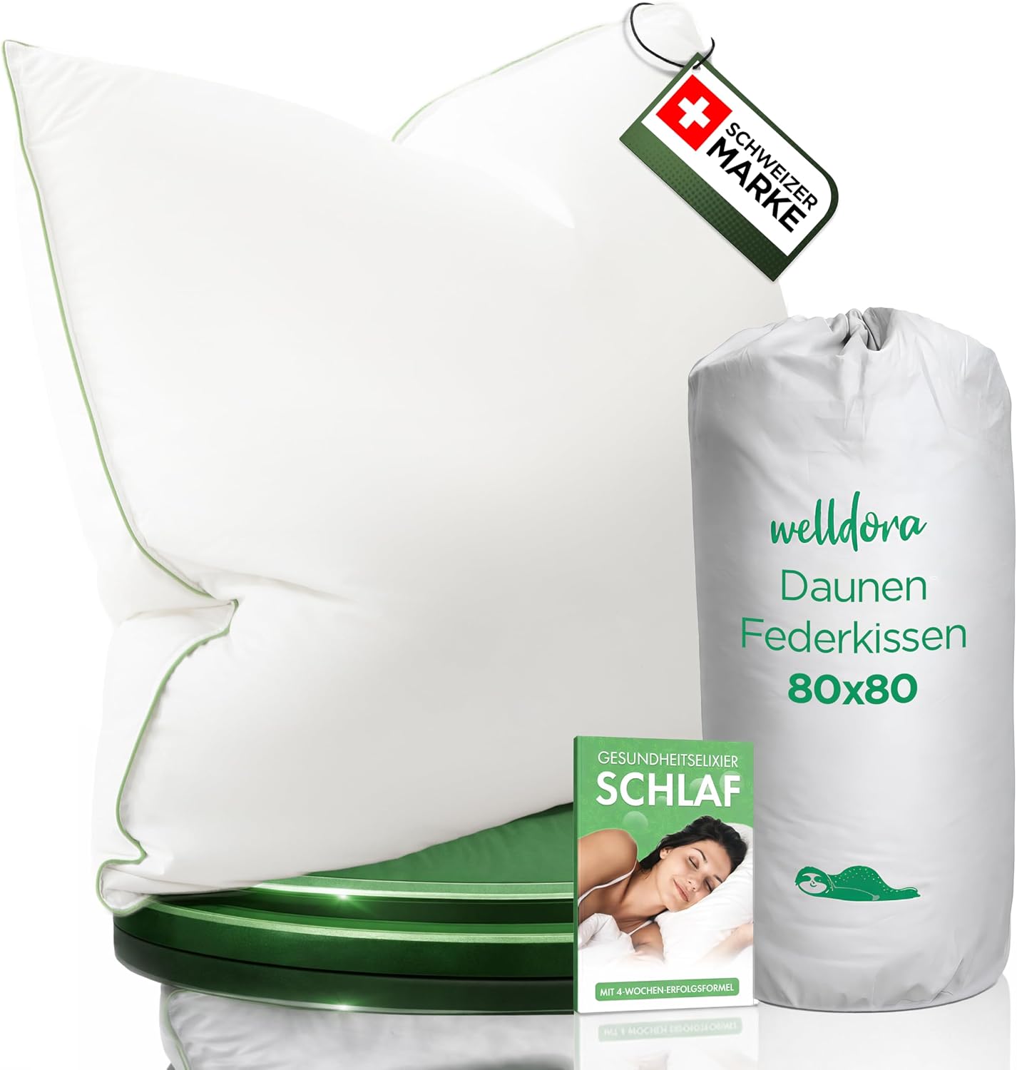 Detalle de Welldora Premium Kopfkissen 80x80 (3-Kammer) mit natürlichen Daunenfasern & Federn – ergonomisch gegen Nackenspannungen