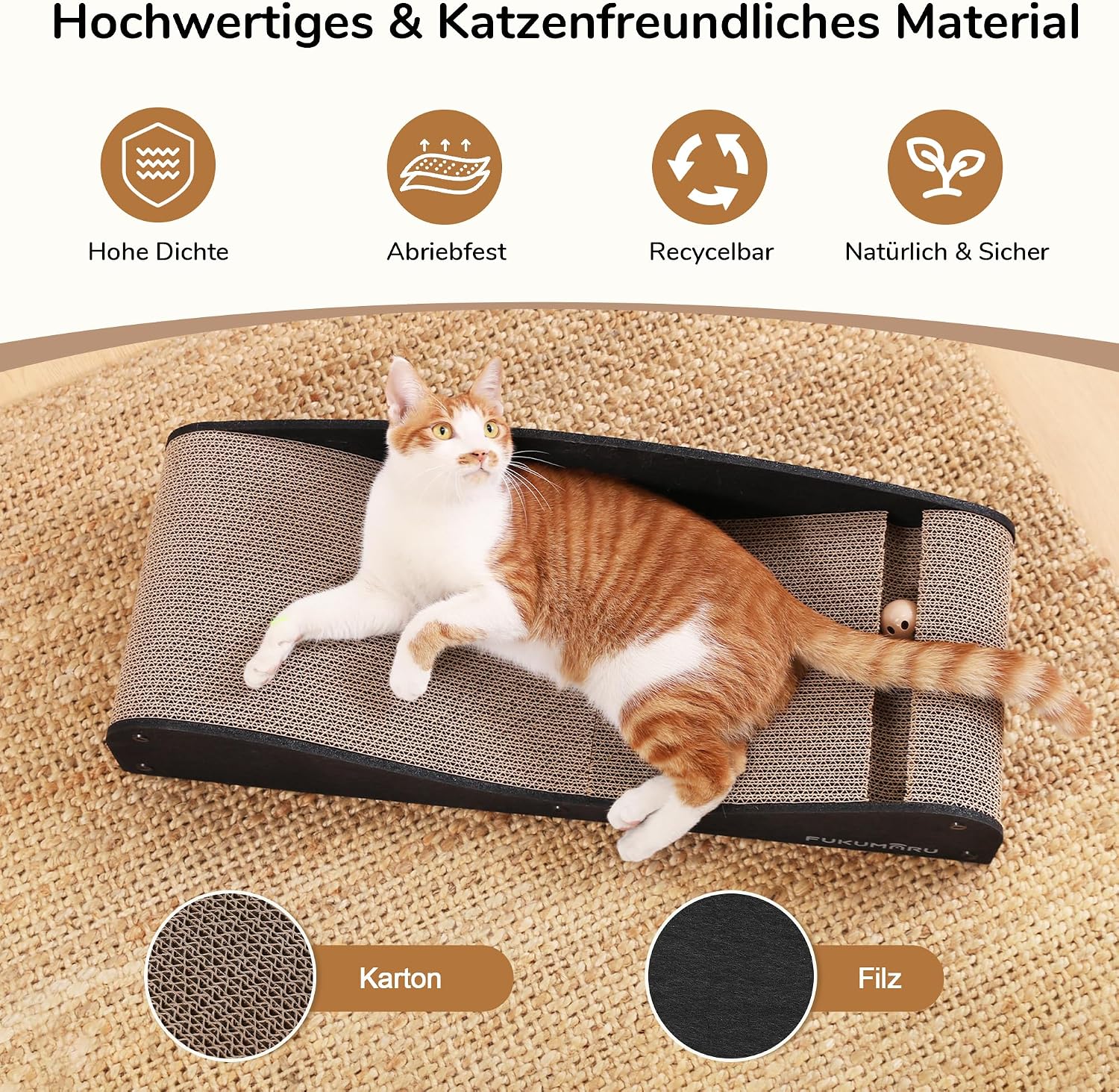 Detalle 2 de FUKUMARU Kratzbrett für Katzen (74 cm) mit Filz und Ball – Kratzpappe aus Wellpappe, schwarz