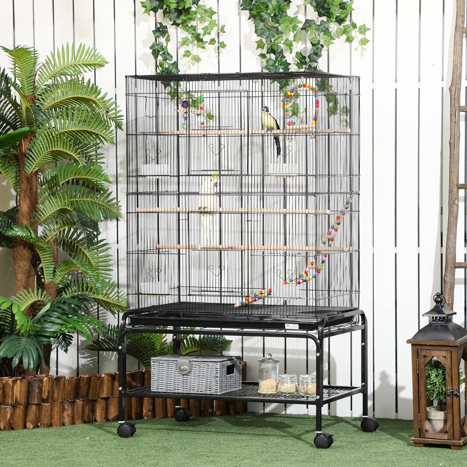 Detalle de PawHut Cage à Oiseaux avec Support à Roulettes – Volière Grande Taille 79x49x133 cm (Perruche/Canari), 10 Portes, Espacement 1 cm, Noir