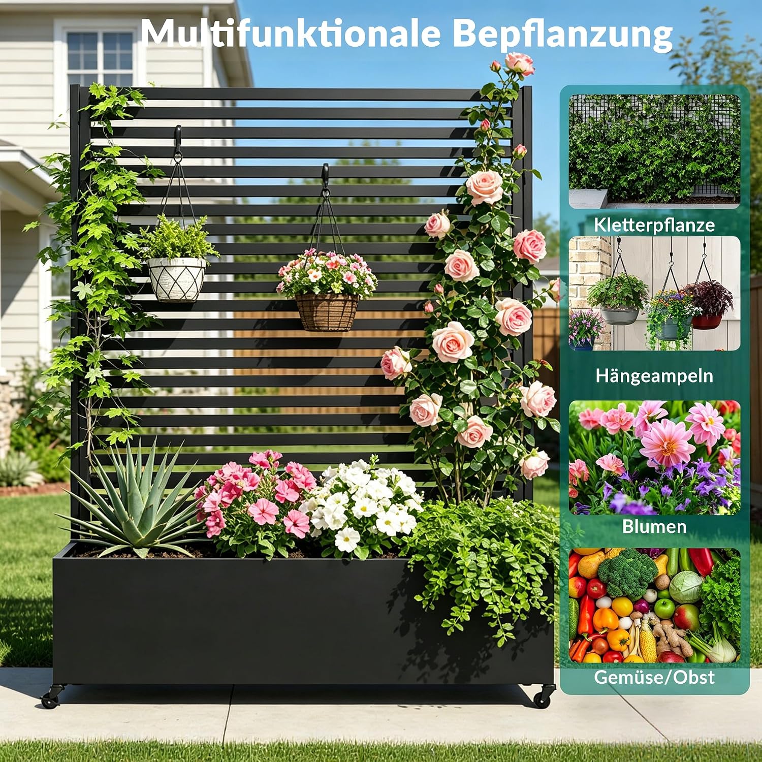 Detalle de Pflanzkasten aus Metall mit Spalier – Hochbeet auf Rädern, robuster Außenbereich