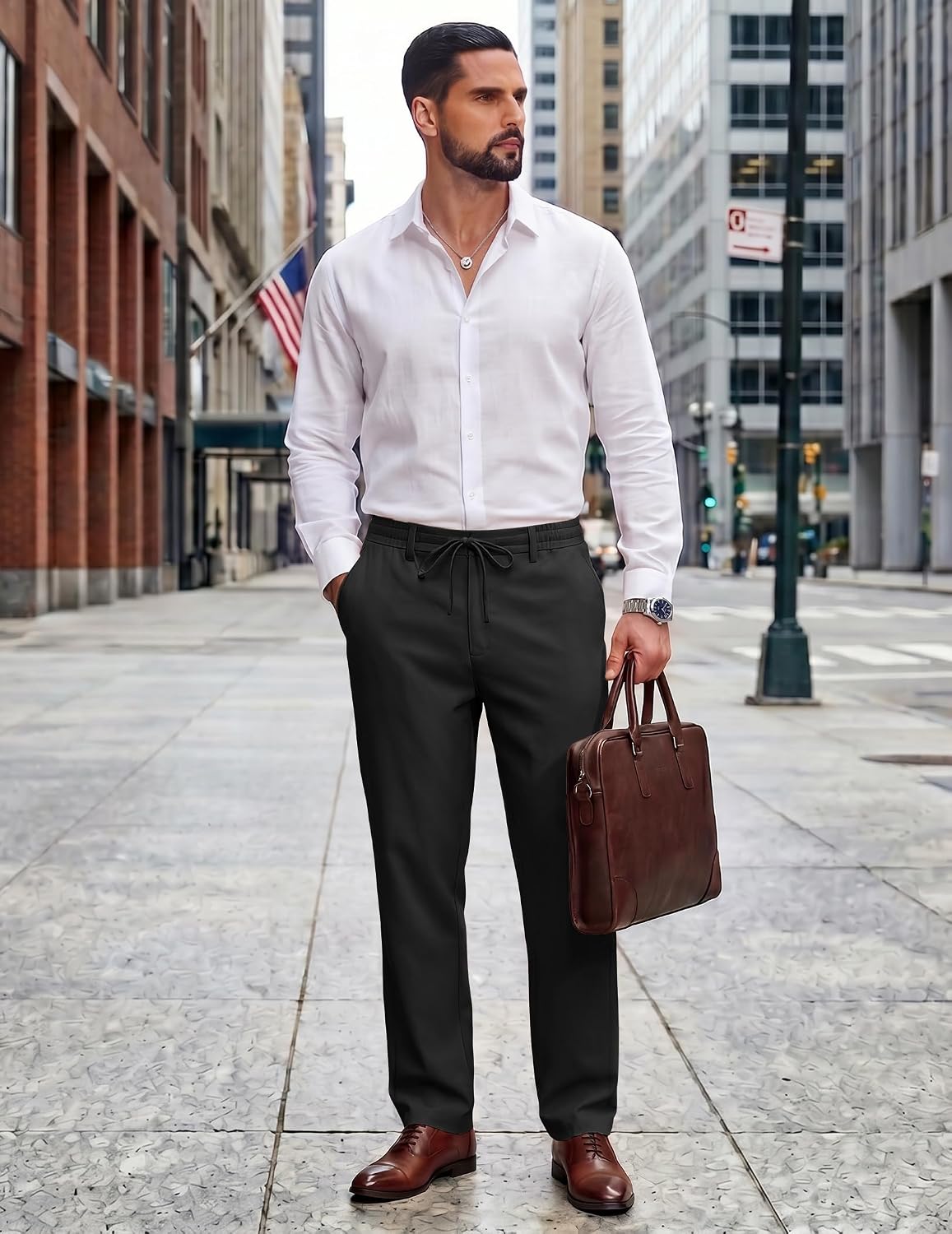 Detalle 2 de COOFANDY Men’s Cotton Linen Pants: Lightweight Summer Drawstring Trousers