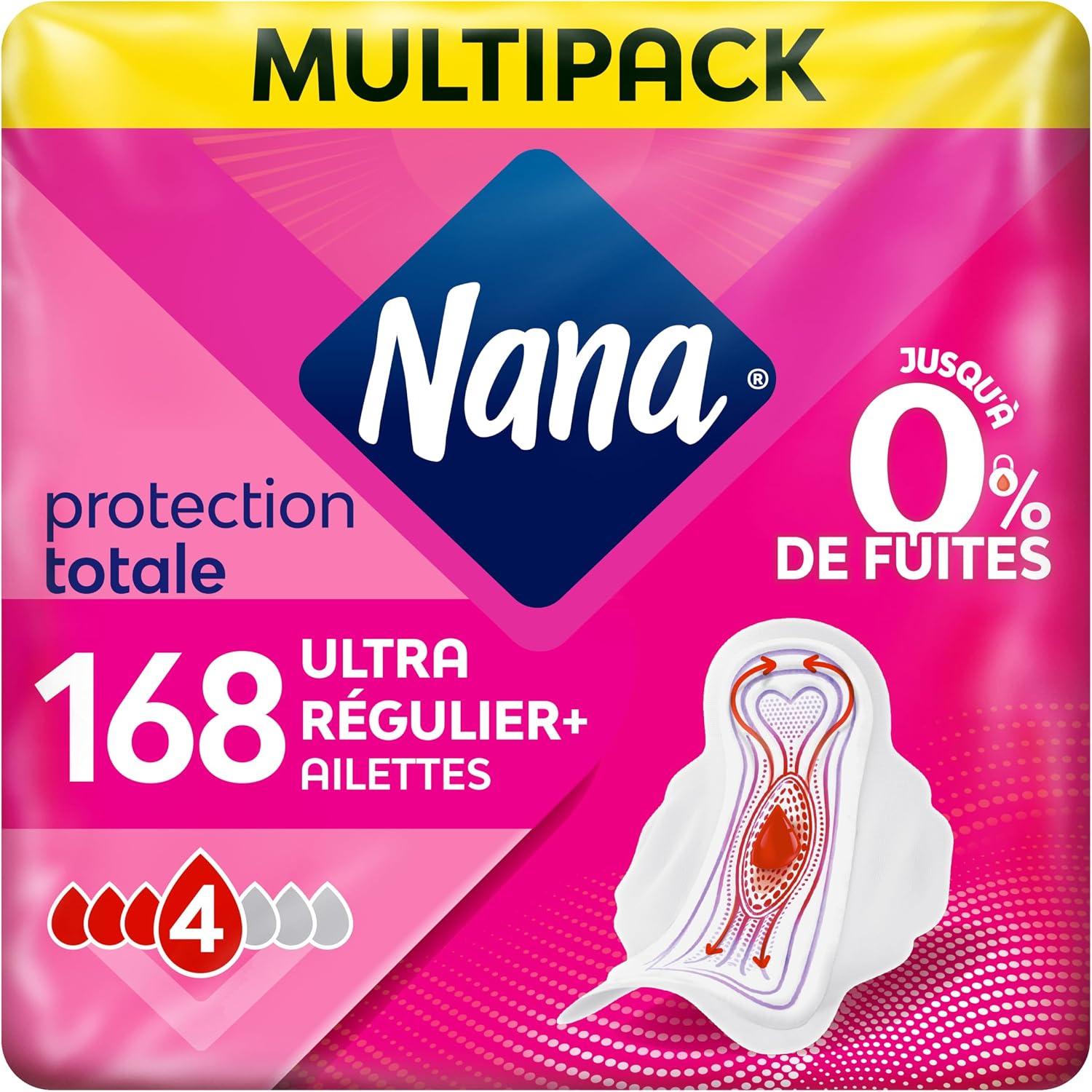 Detalle de Nana Ultra Régulier Plus – Serviettes Hygiéniques avec Ailettes, Flux Modérés, 28 unités en pochette individuelle