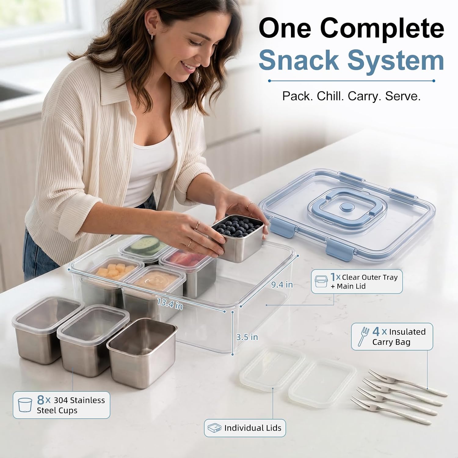 Thumbnail 6 de Helecors Snackle Box with 8 Stainless Steel Cups, Individual Lids & Ice Pack