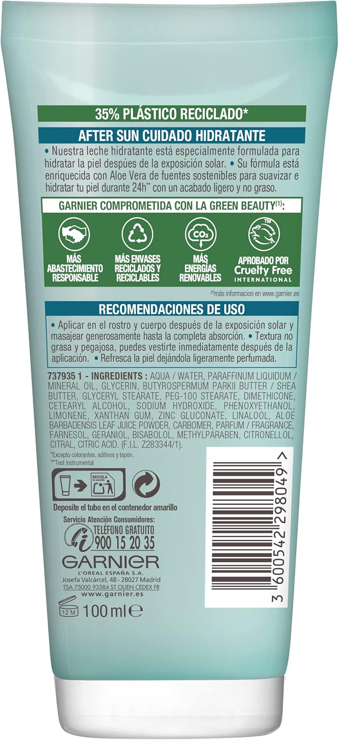 Detalle de Garnier Delial Leche Idratante Calmante After Sun con Aloe, 100 ml – formato viaggio
