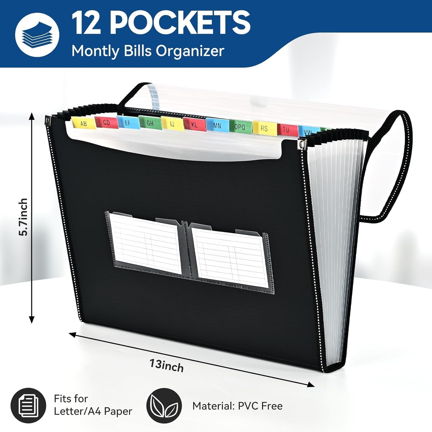 Detalle de File Organiser, 13 Pockets Expanding File Folder with 12 Tabs – A4, Black