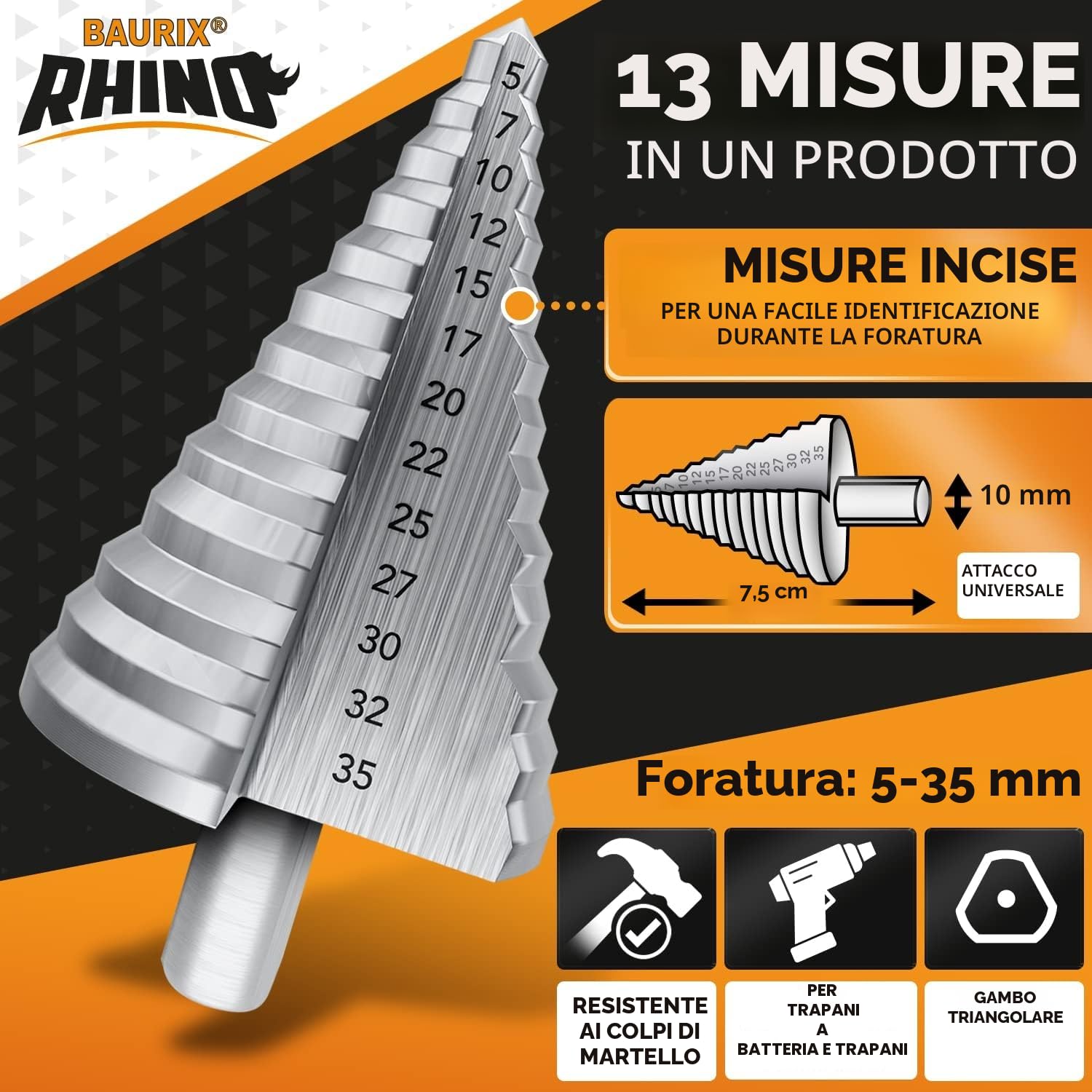 Thumbnail 3 de BAURIX® RHINO® Fresa a Gradini HSS [Ø 5‑35 mm] con alesaggio triangolare da 10 mm