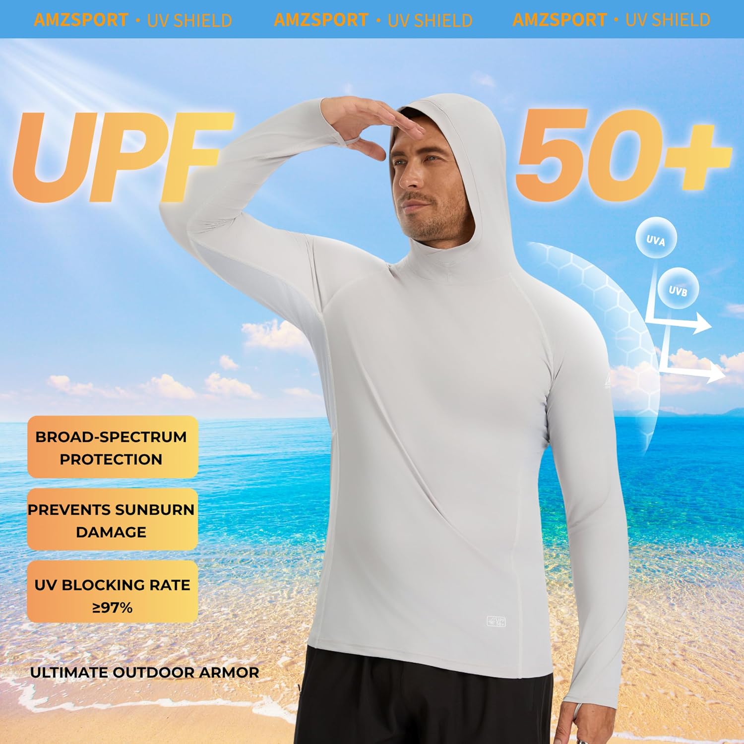 Detalle de AMZSPORT Felpa Uomo con Cappuccio UPF 50: Protezione UV Rashguard a Maniche Lunghe per Pesca, Escursionismo e Outdoor
