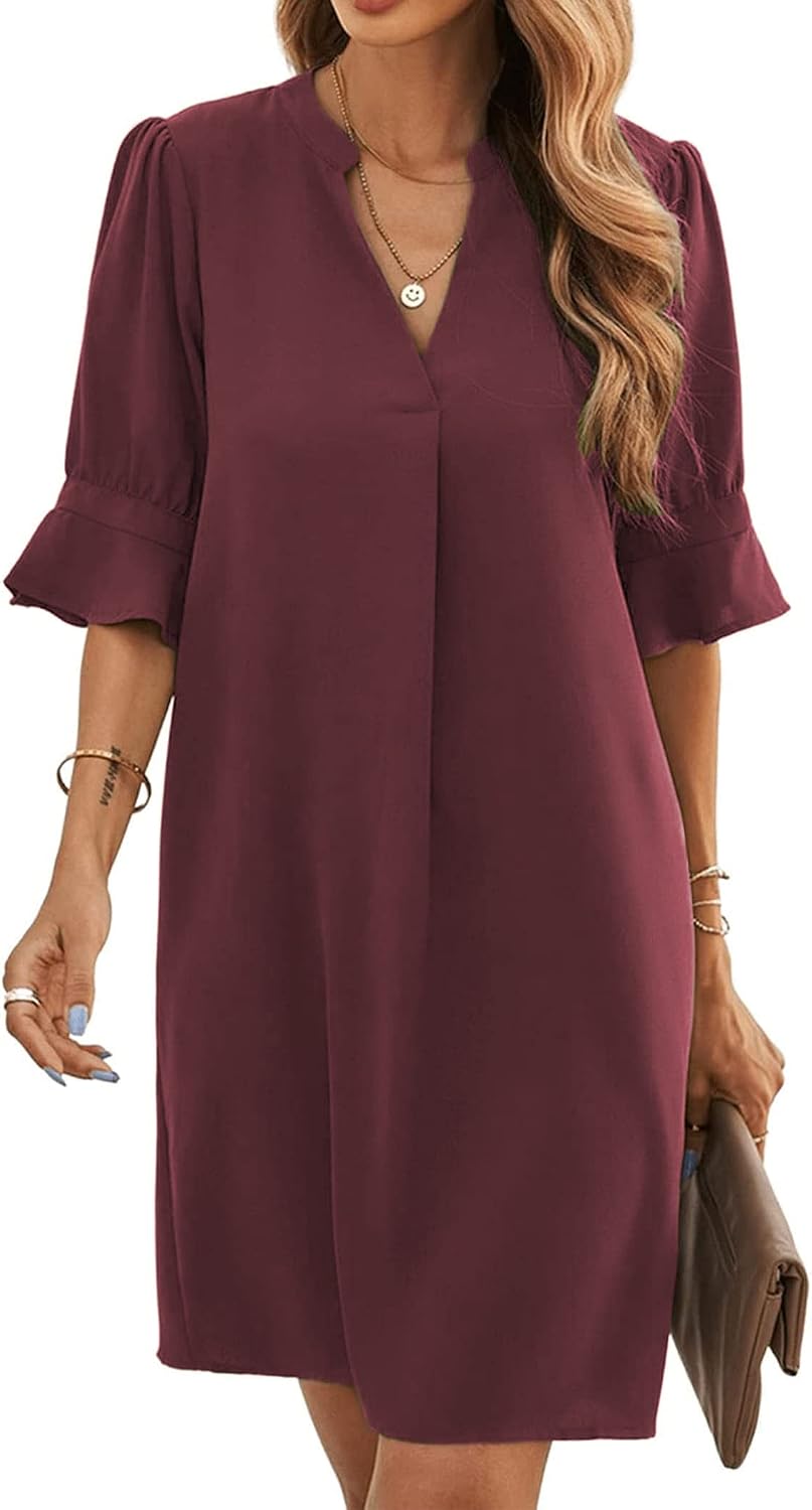 Detalle de Famulily Women’s V Neck Half Sleeve Shirt Dress midi-style casual summer dress (S–XXL)