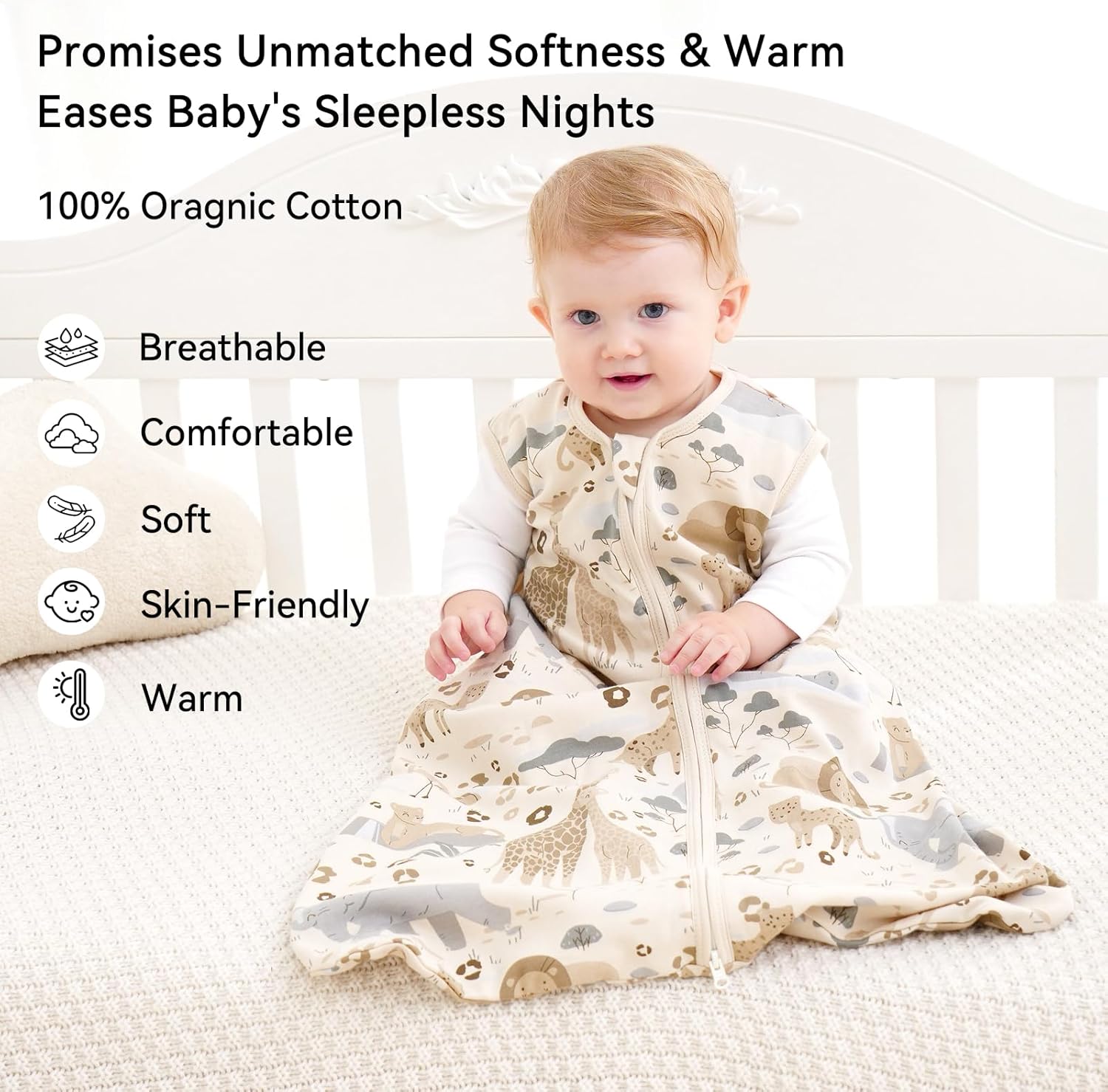 Thumbnail 1 de Unnivoll Baby Sleeping Bag 0.5 Tog 18–24 Months Apricot Elephant — 100% Cotton Sleep Sack