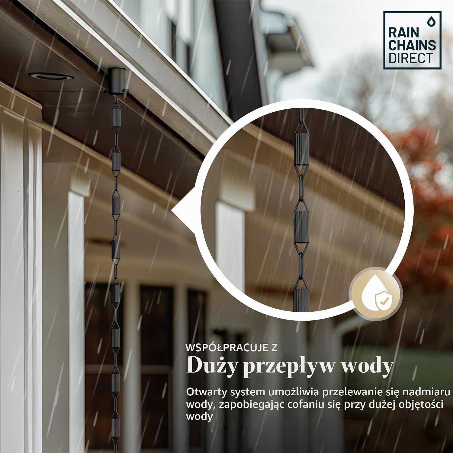Detalle de Rain Chains Direct Manicotti RC-MANIC-BL – czarny łańcuch deszczowy z aluminium