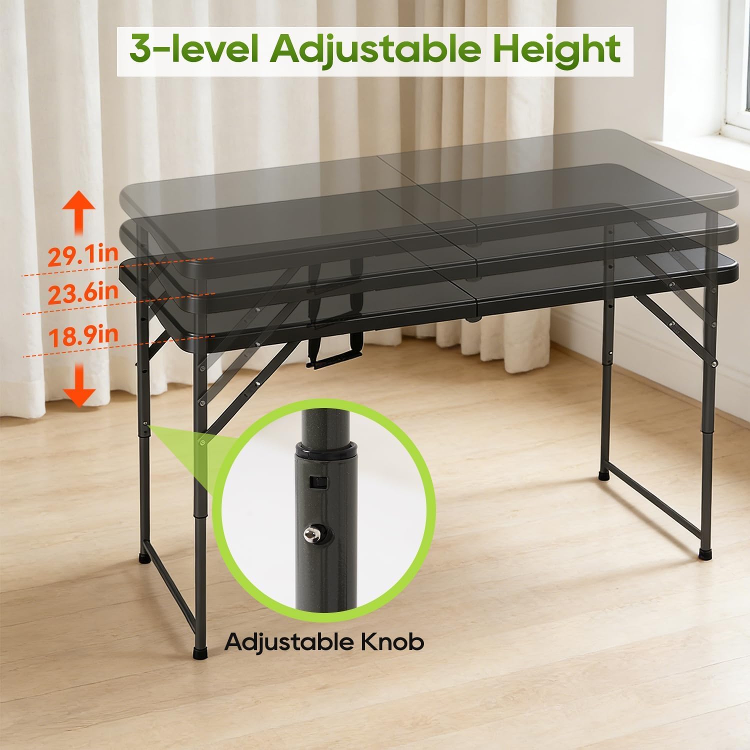 Thumbnail 6 de FDW 4FT Folding Table, Black Plastic Picnic Table with Carry Handle
