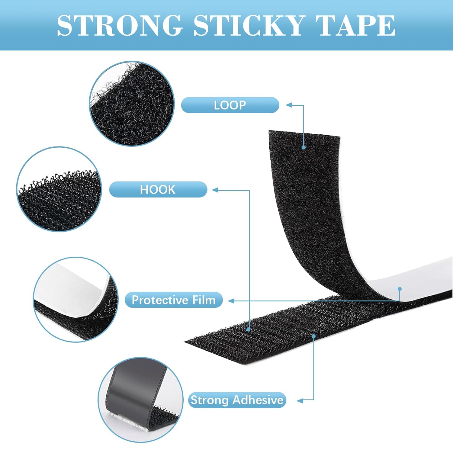 Detalle 2 de JelKen Hook and Loop Tape (20mm x 8m) – Heavy Duty Double Sided Self-Adhesive Strips, Cut-to-Length (Black)