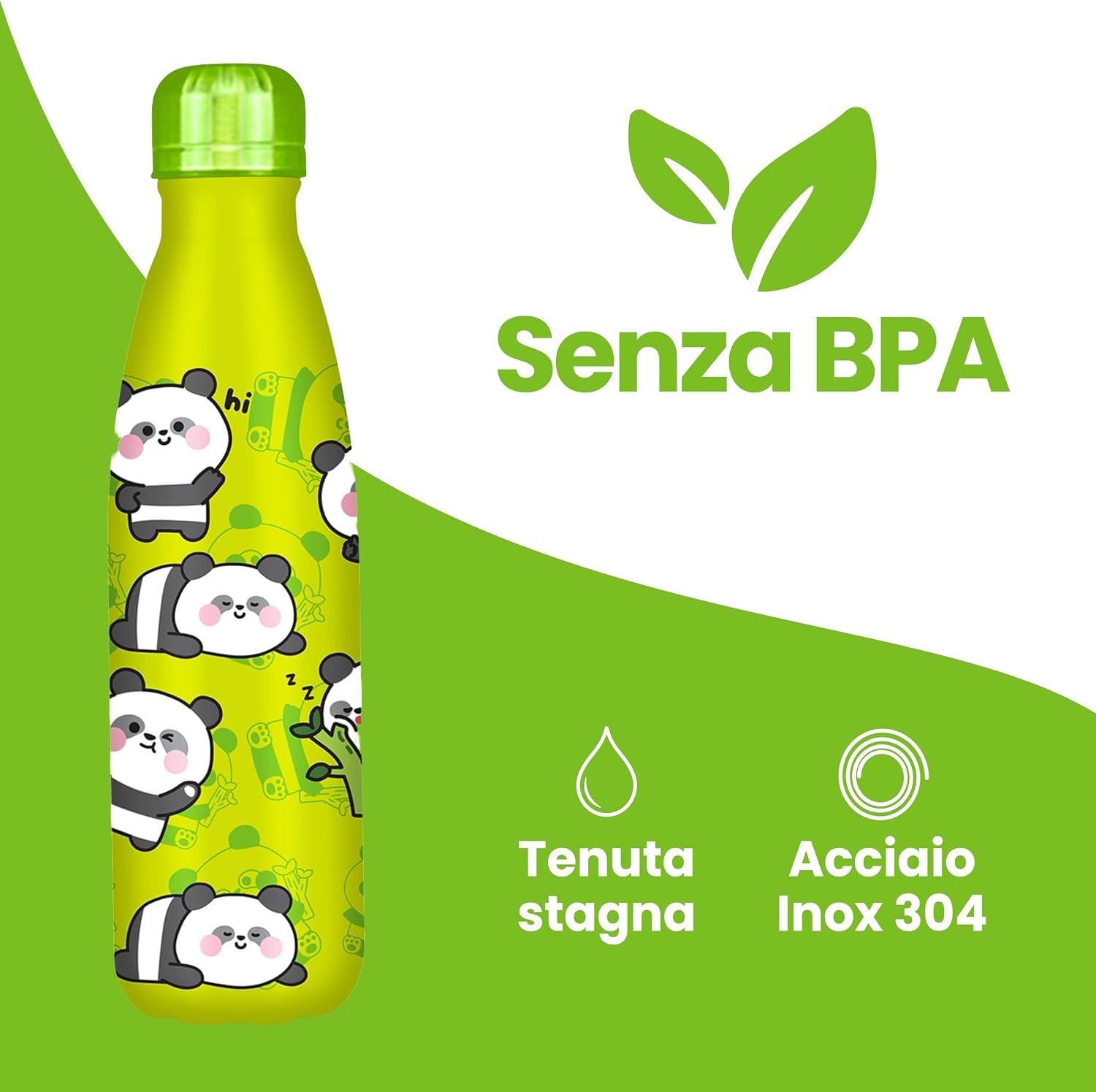 Detalle 2 de Cartomania Borraccia termica chill & refill panda verde 500 ml, acciaio BPA free