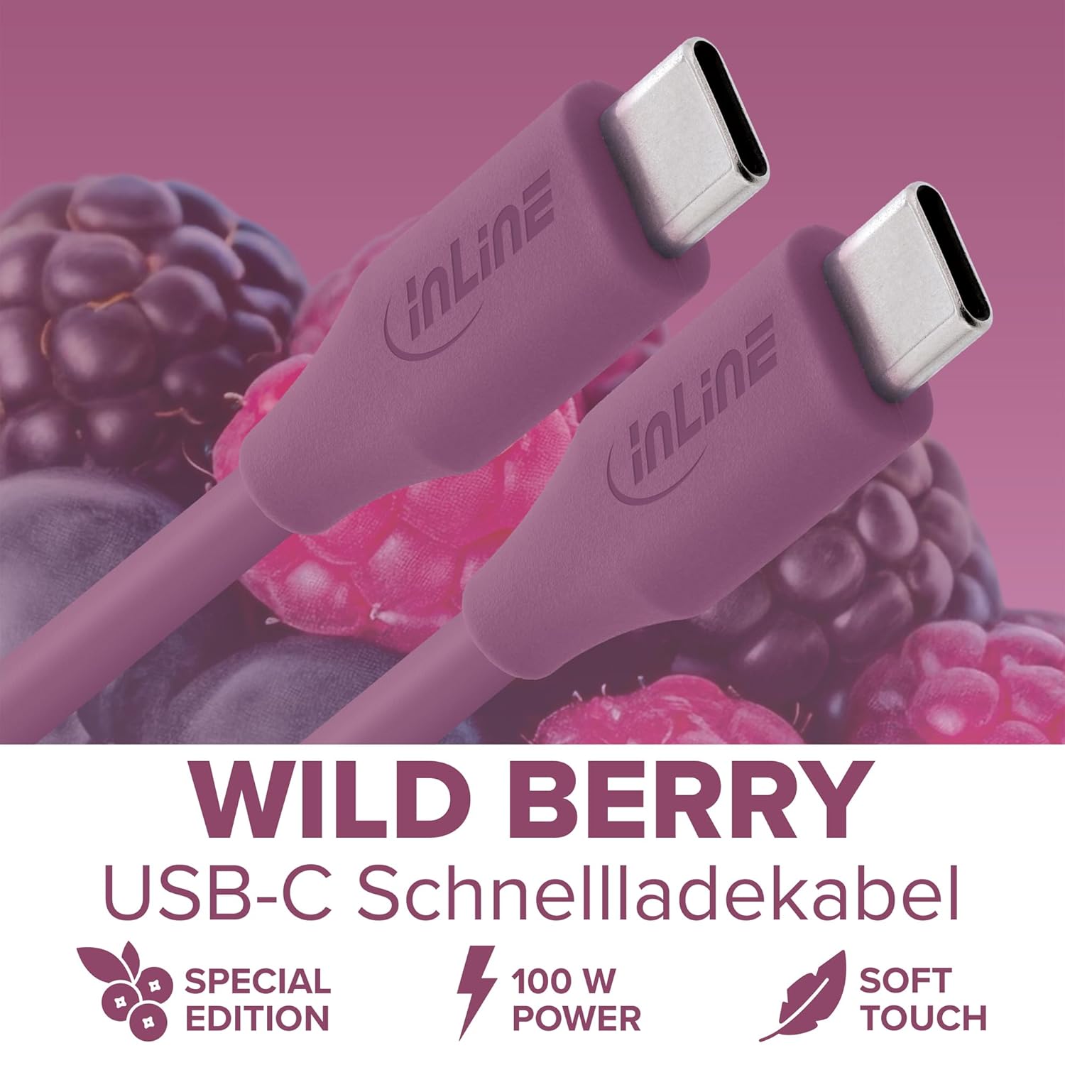 Thumbnail 1 de InLine Colour your Charge USB‑C Kabel 100W (PD) – Silikon, beidseitig USB‑C, 2 m, Wild Berry (35892P)