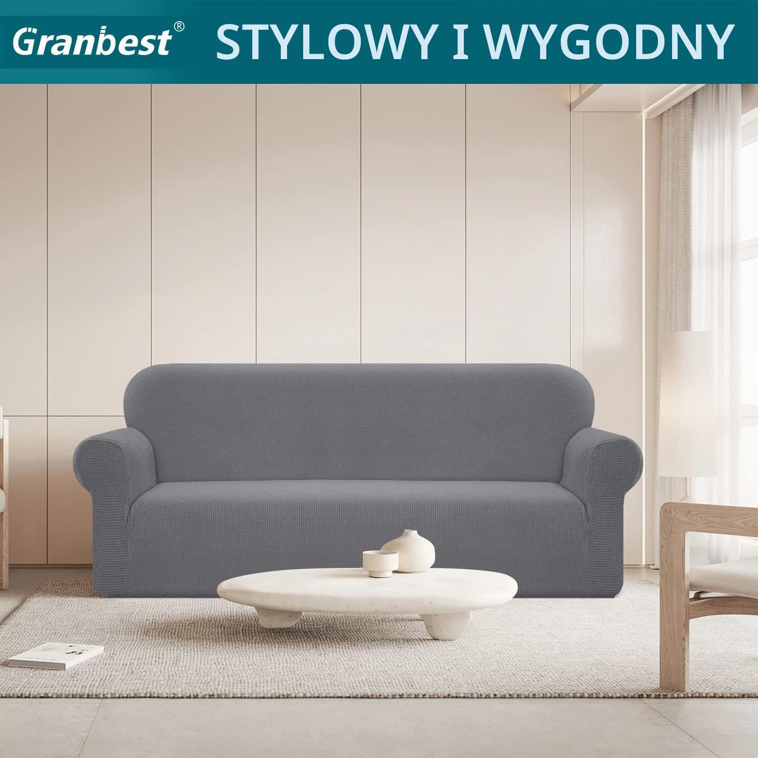 Detalle de Granbest 1 – elastyczny pokrowiec na sofę 4-osobową, jasnoszary, hydrofobowy