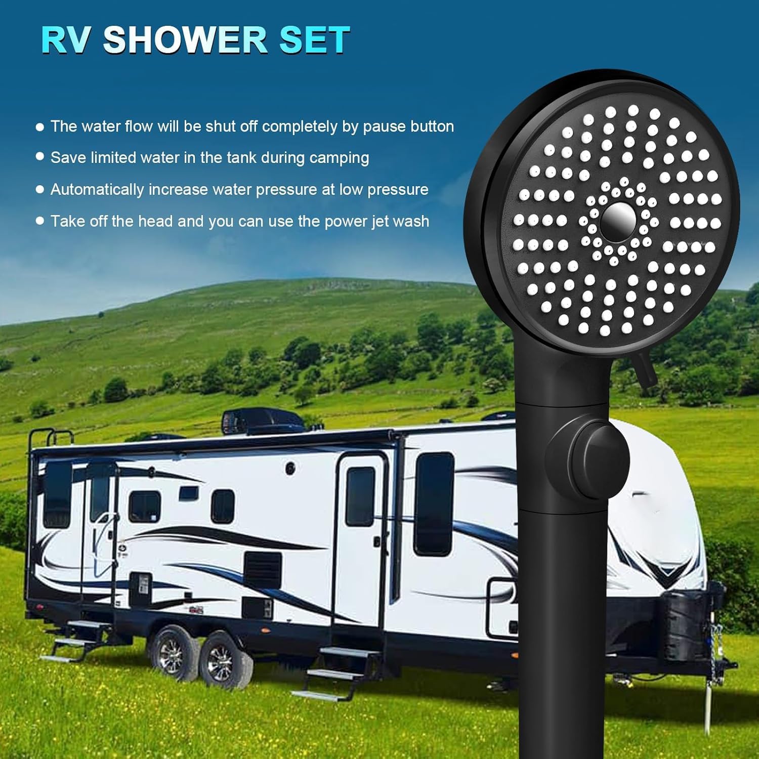 Detalle de FOCSPROD HS004 RV Handheld Shower Head, 5 Modes, 60-Inch Hose, Matte Black