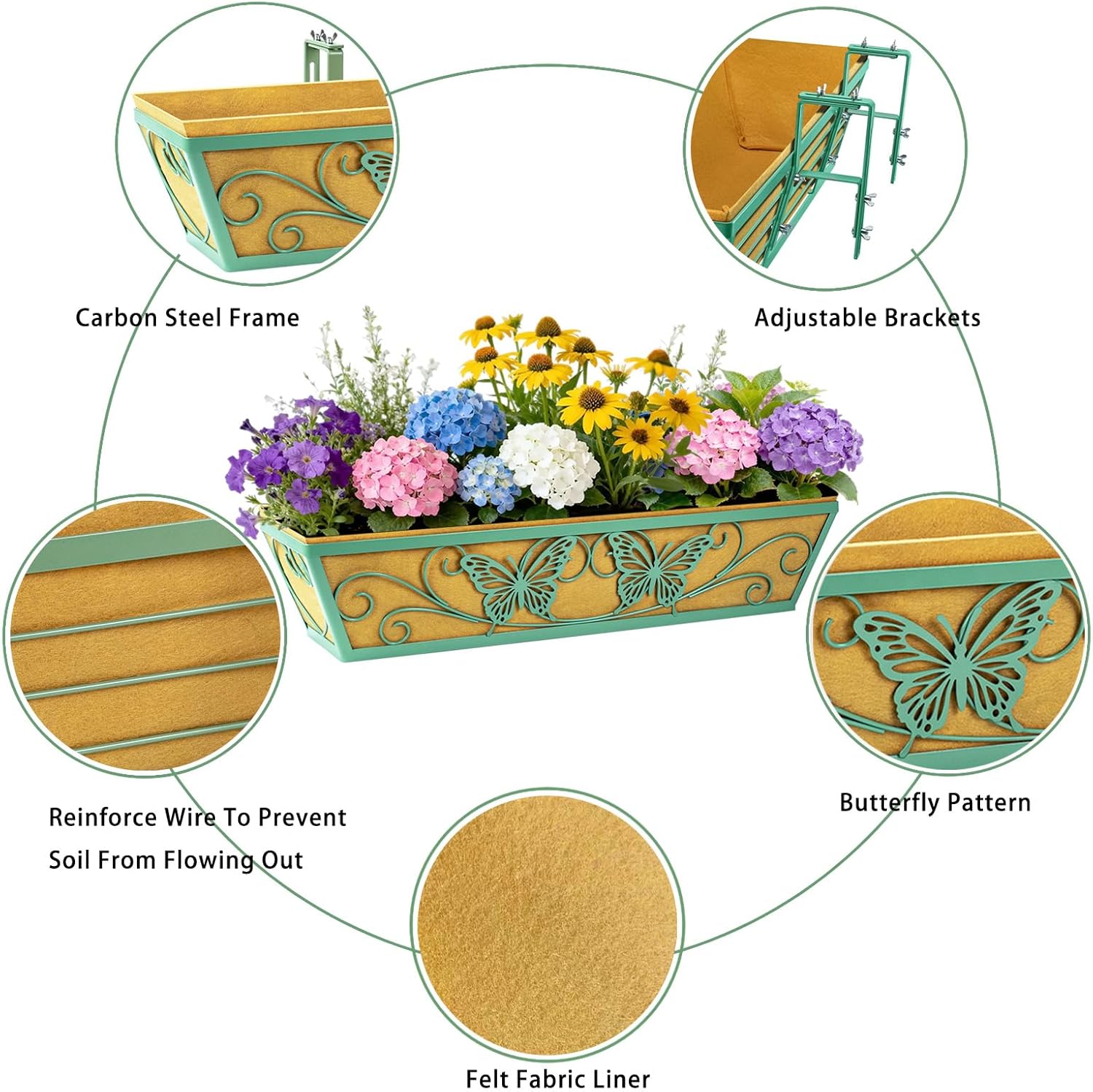 Detalle de 2 Pack 24-Inch Window Boxes Planter with Adjustable Brackets — Horse Trough Style, Butterfly Pattern