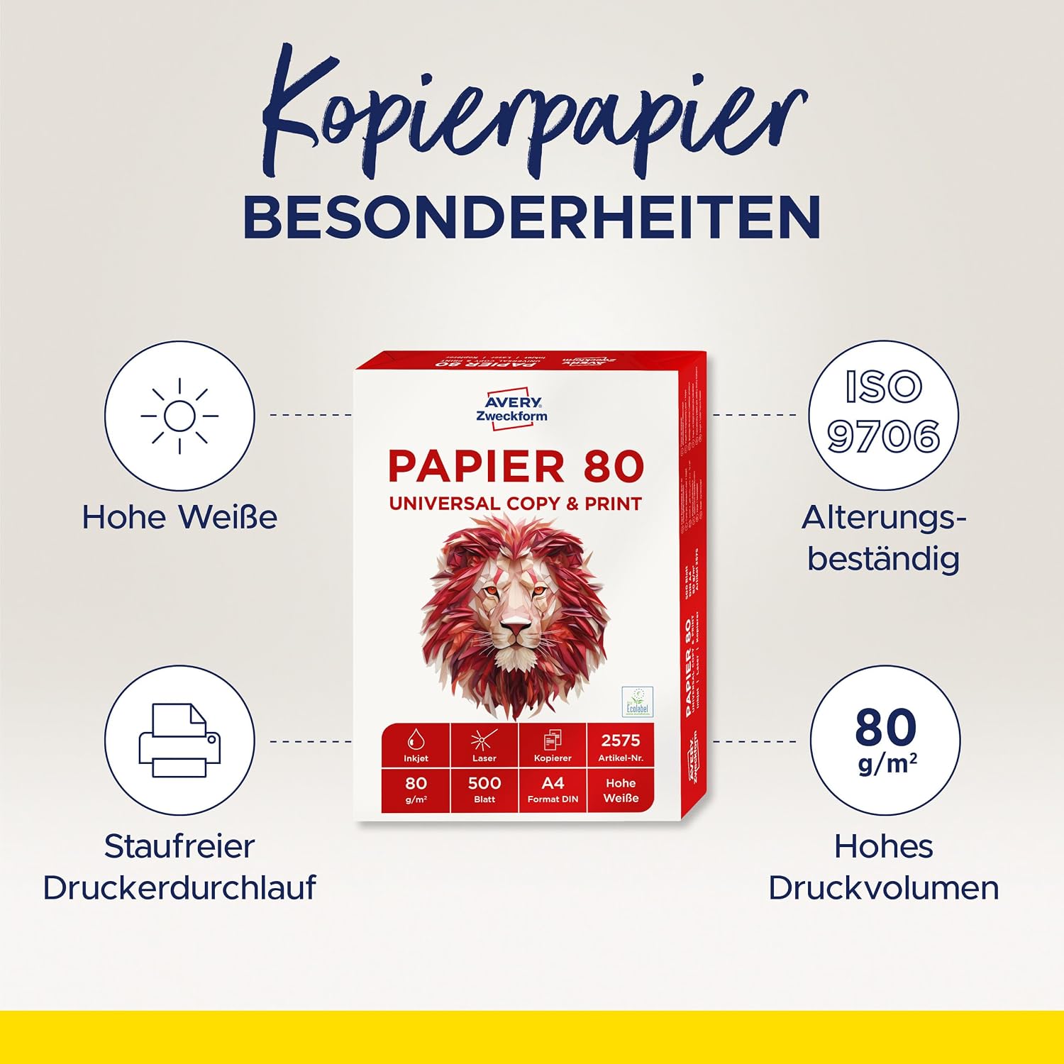 Detalle de AVERY Zweckform 2575 Druckerpapier – 1.500 Blatt 80 g/m², A4, für alle Drucker (3 x Pack) – weiß