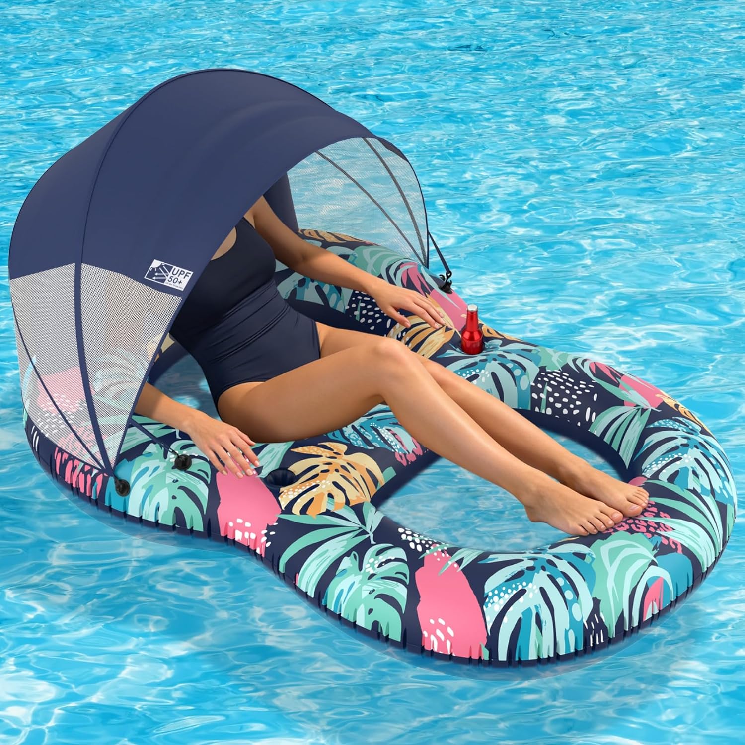 Detalle de POVRYE Pool Floats Adult with UPF 50+ Sunshade Canopy – Wide, Comfy Lounger with Cup Holders