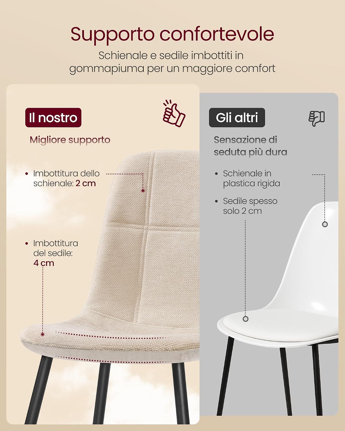 Thumbnail 5 de VASAGLE set di 4 sedie da pranzo imbottite con schienale reclinabile e rivestimento ciniglia/PU KDC188W01