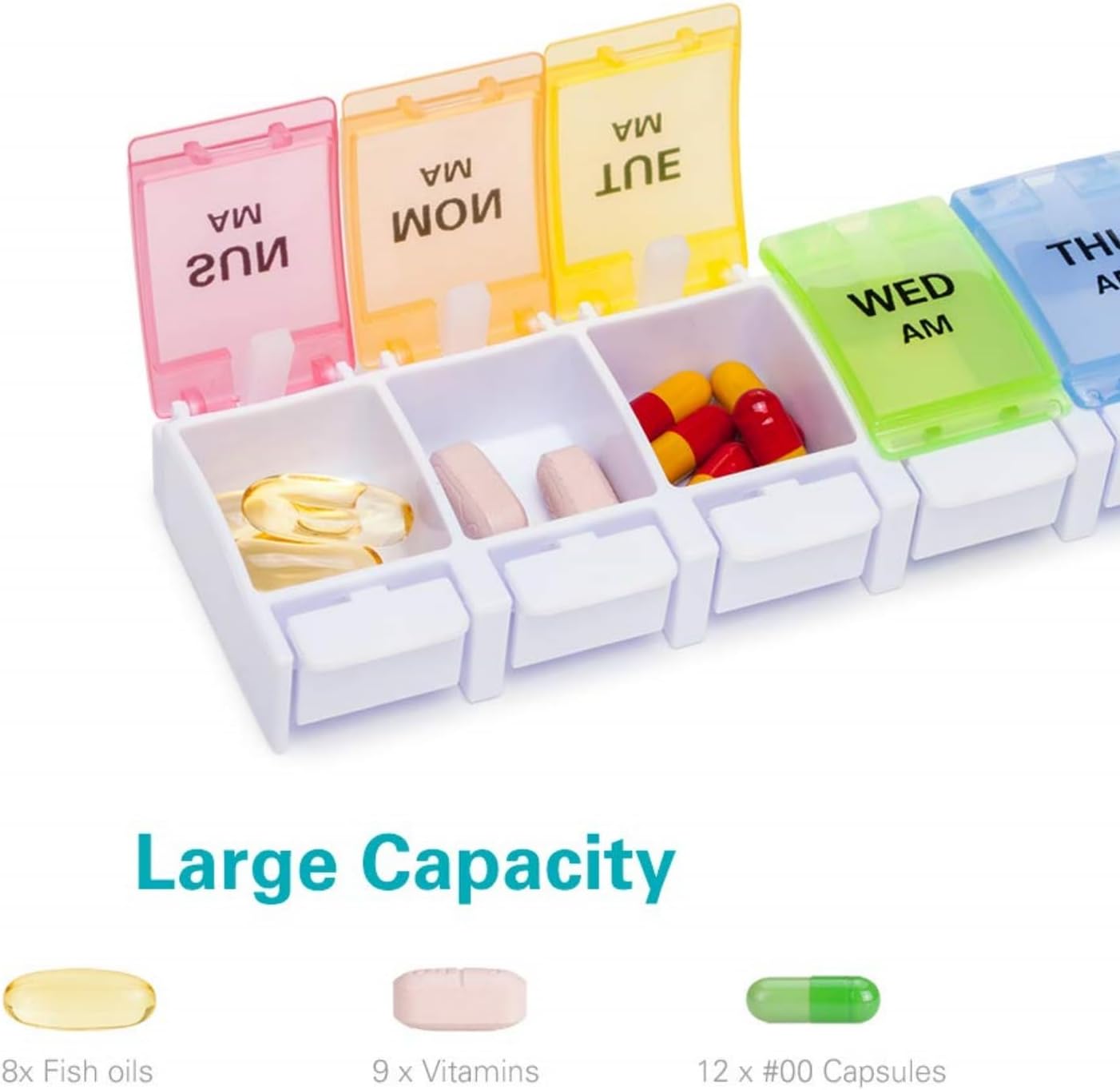 Detalle de Sukuos AM PM Weekly Pill Organizer 2 Times a Day – Large 7 Day Case (Rainbow)