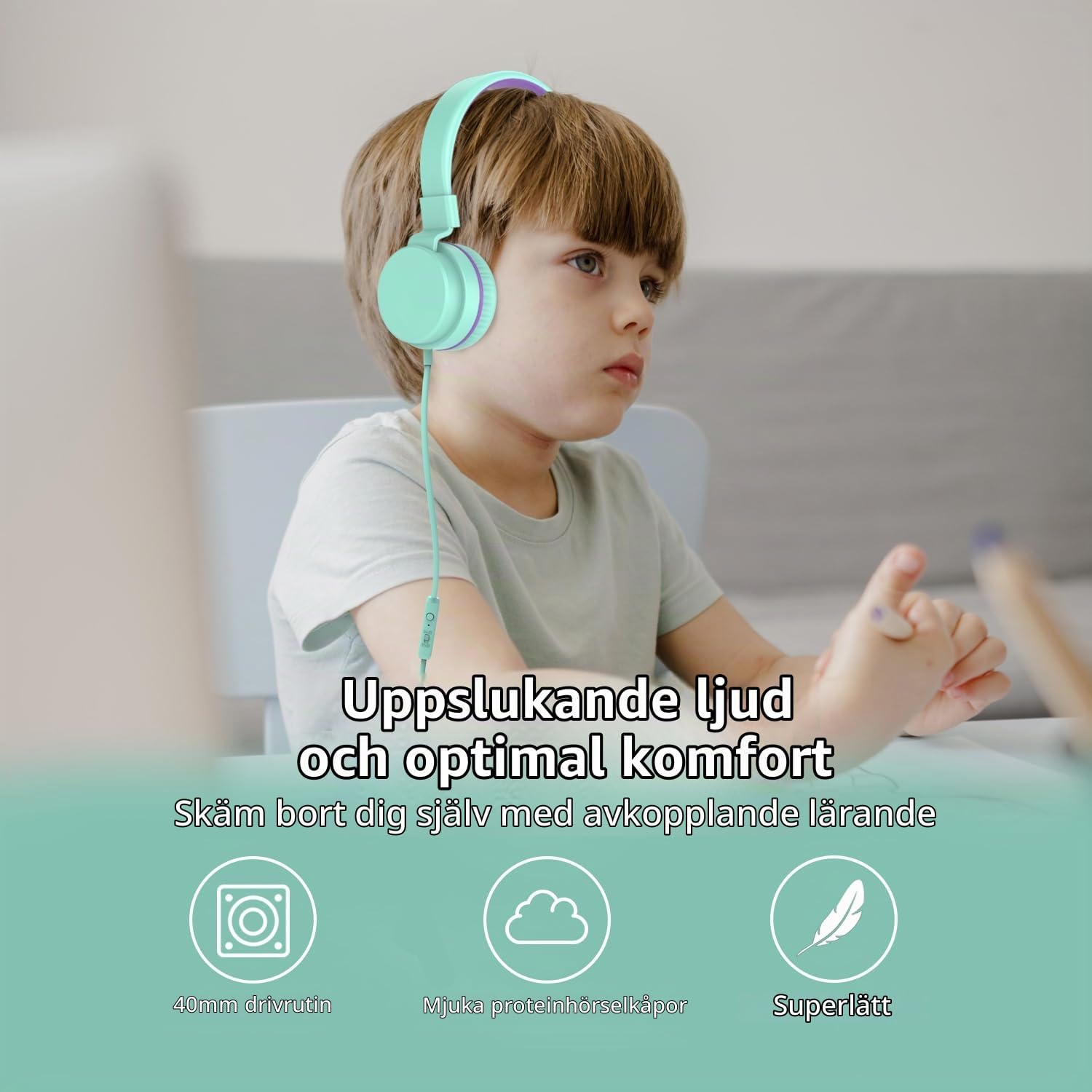 Detalle de YOYOTUNE DMJ-H01 barnhörlurar, on-ear med mikrofon och volymbegränsare