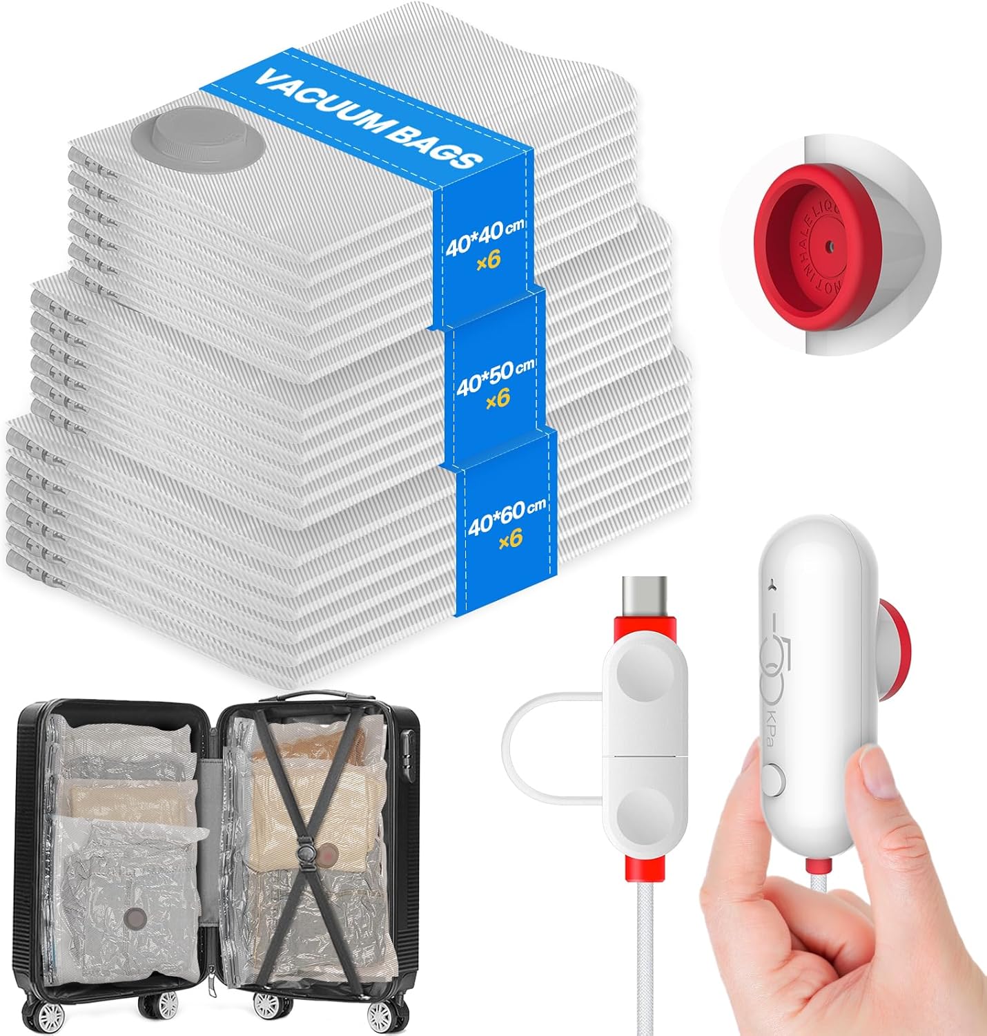 Set Vacbird sacchetti sottovuoto per vestiti con pompa USB compatta (18 sacchetti, 3 misure)
