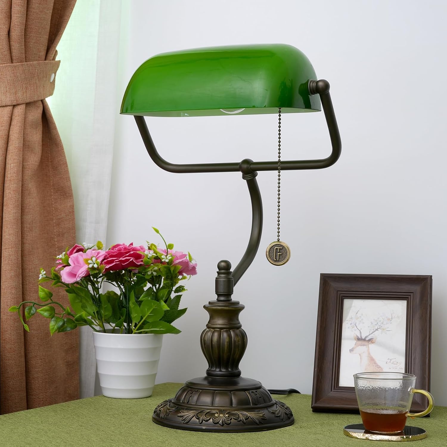 Thumbnail 2 de Blivuself Green Bankers Lamp with Stained-Glass Shade – retro bedside or desk reading light