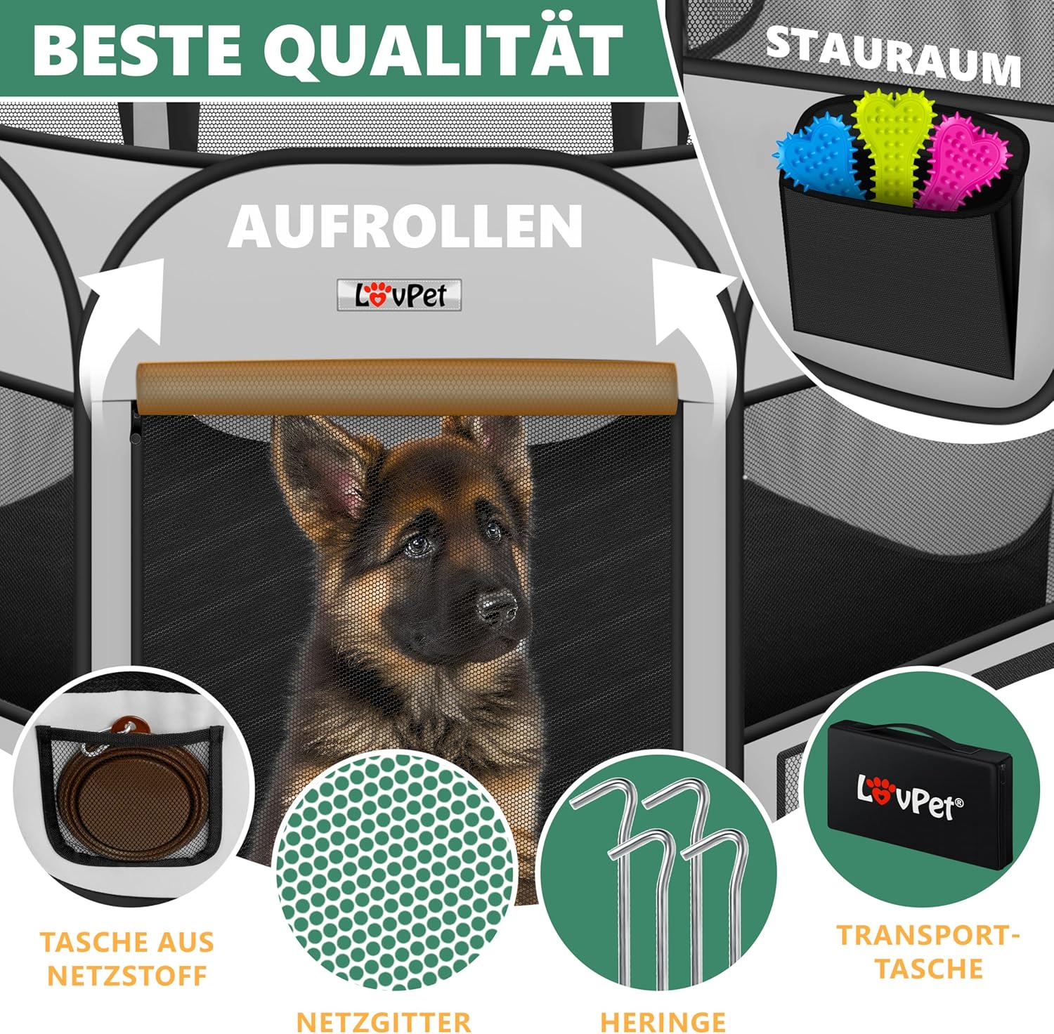 Thumbnail 5 de LOVPET® Welpenlaufstall faltbar inkl. Napf und Fleece-Decke (Pop-up-System) – Hellgrau/Schwarz