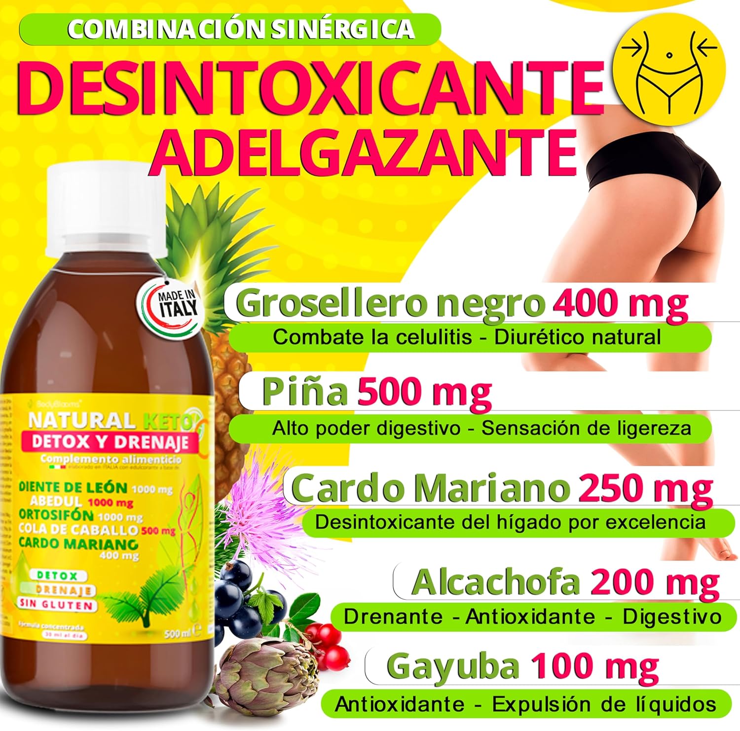 Detalle 2 de Bodyblooms Quemagrasas potente 500 ml: detox, diuréticos y anticelulítico para apoyar la pérdida de peso