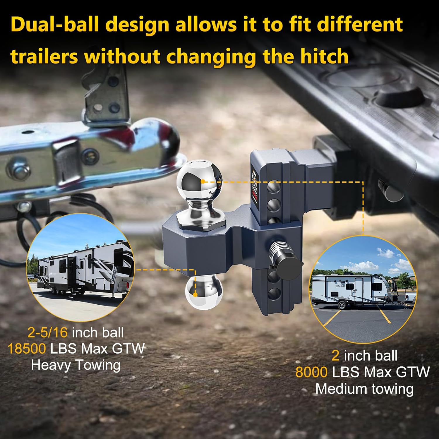 Thumbnail 4 de Vullteeon Adjustable Trailer Hitch Drop Hitch for 2.5-Inch Receiver (6-Inch Rise/Drop) with Dual-Ball Design