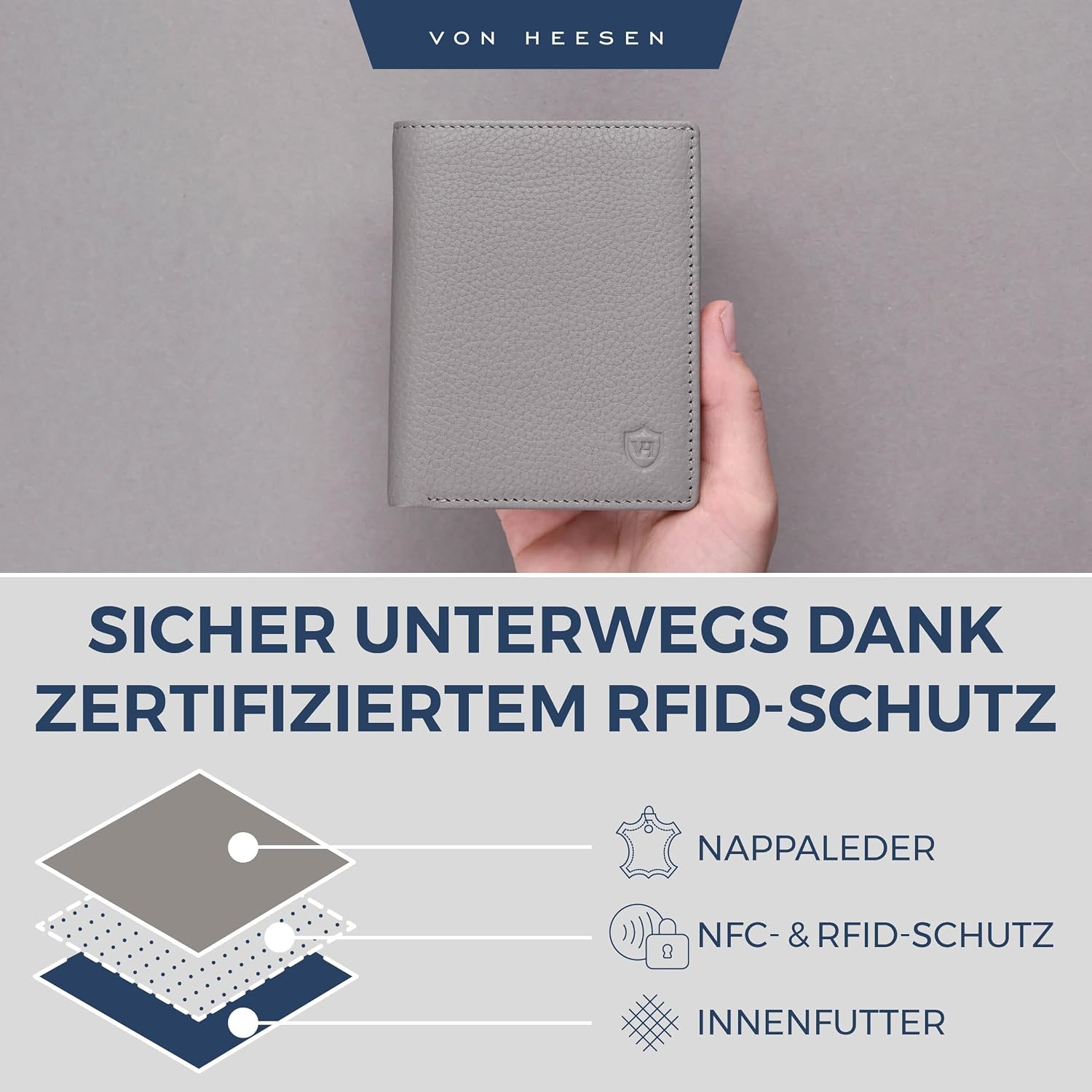 Detalle de VON HEESEN Herren-Leder-Geldbörse mit Münzfach und RFID-Schutz (Grau)