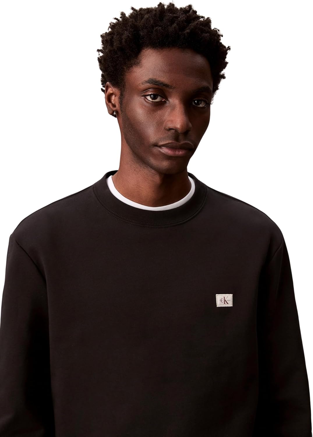 Detalle de Calvin Klein Men’s Round Neck Terry Badge Sweatshirt, Black, XL